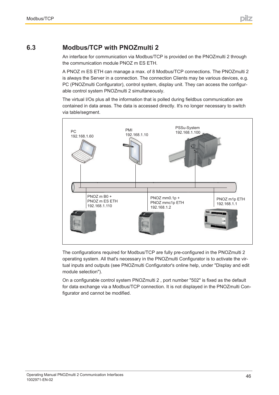 3 modbus/tcp with pnozmulti 2, Modbus/tcp with pnozmulti 2 | Pilz PNOZ m B0 User Manual | Page 46 / 157