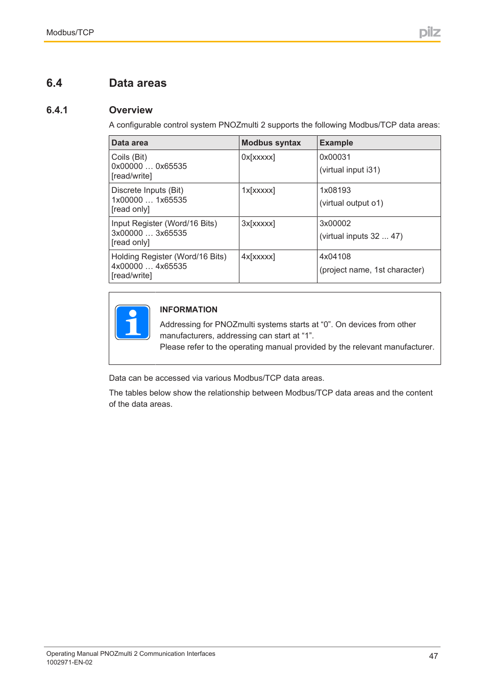 4 data areas, 1 overview, Data areas | Overview | Pilz PNOZ m B0 User Manual | Page 47 / 157