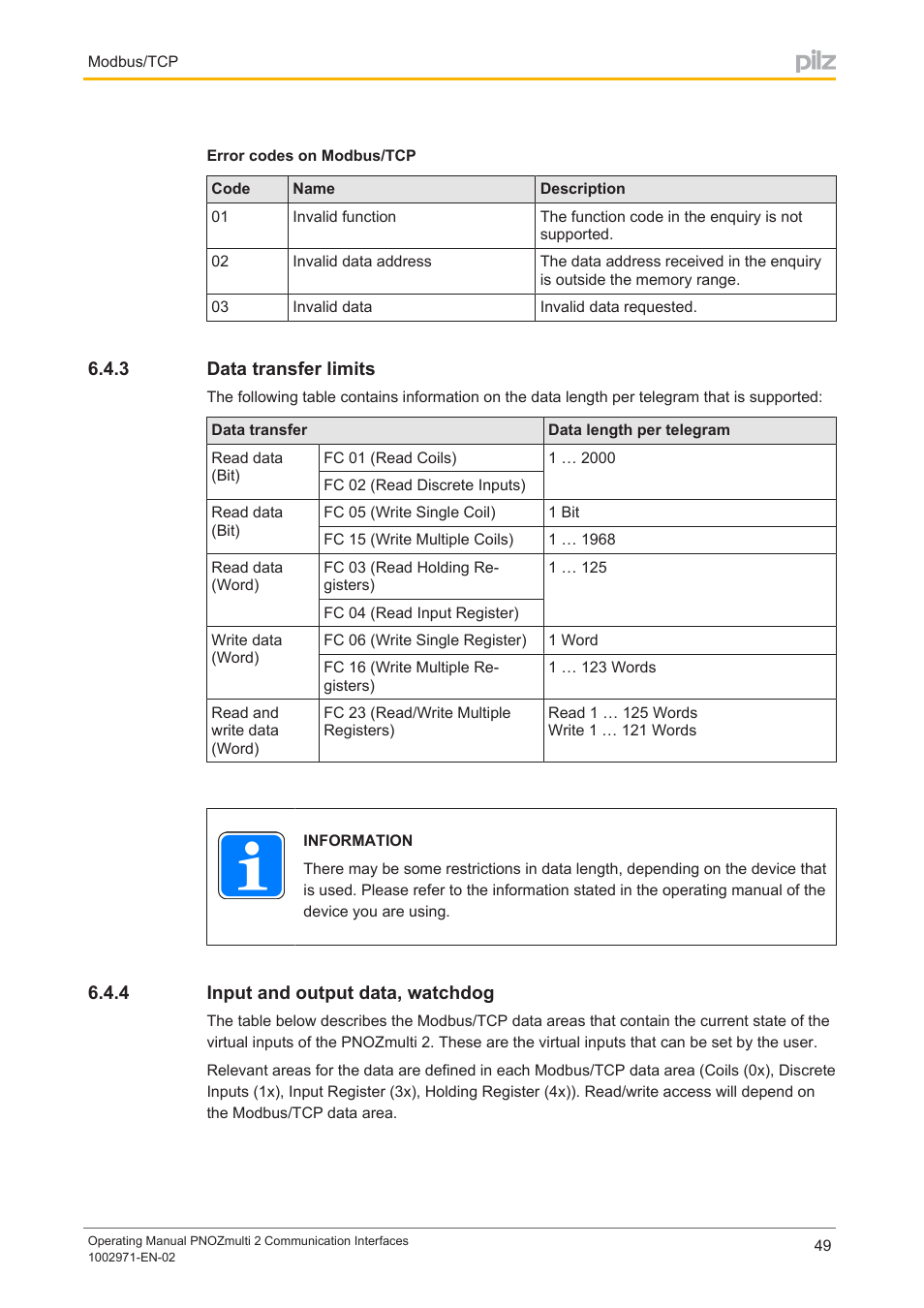 3 data transfer limits, 4 input and output data, watchdog, Data transfer limits | Input and output data, watchdog | Pilz PNOZ m B0 User Manual | Page 49 / 157