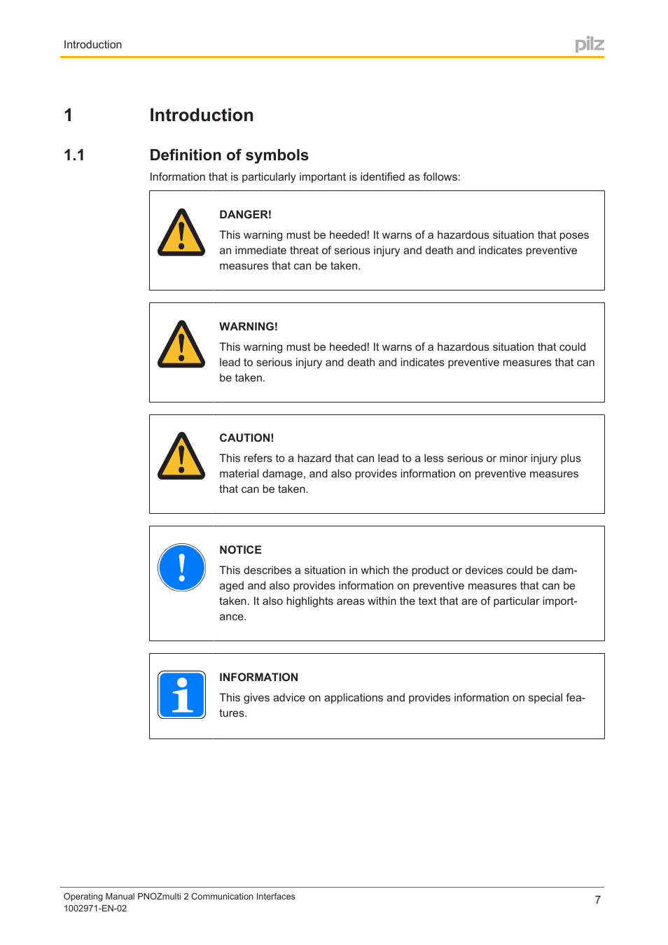 1 introduction, 1 definition of symbols, Section 1 | Introduction, Definition of symbols, 1introduction | Pilz PNOZ m B0 User Manual | Page 7 / 157