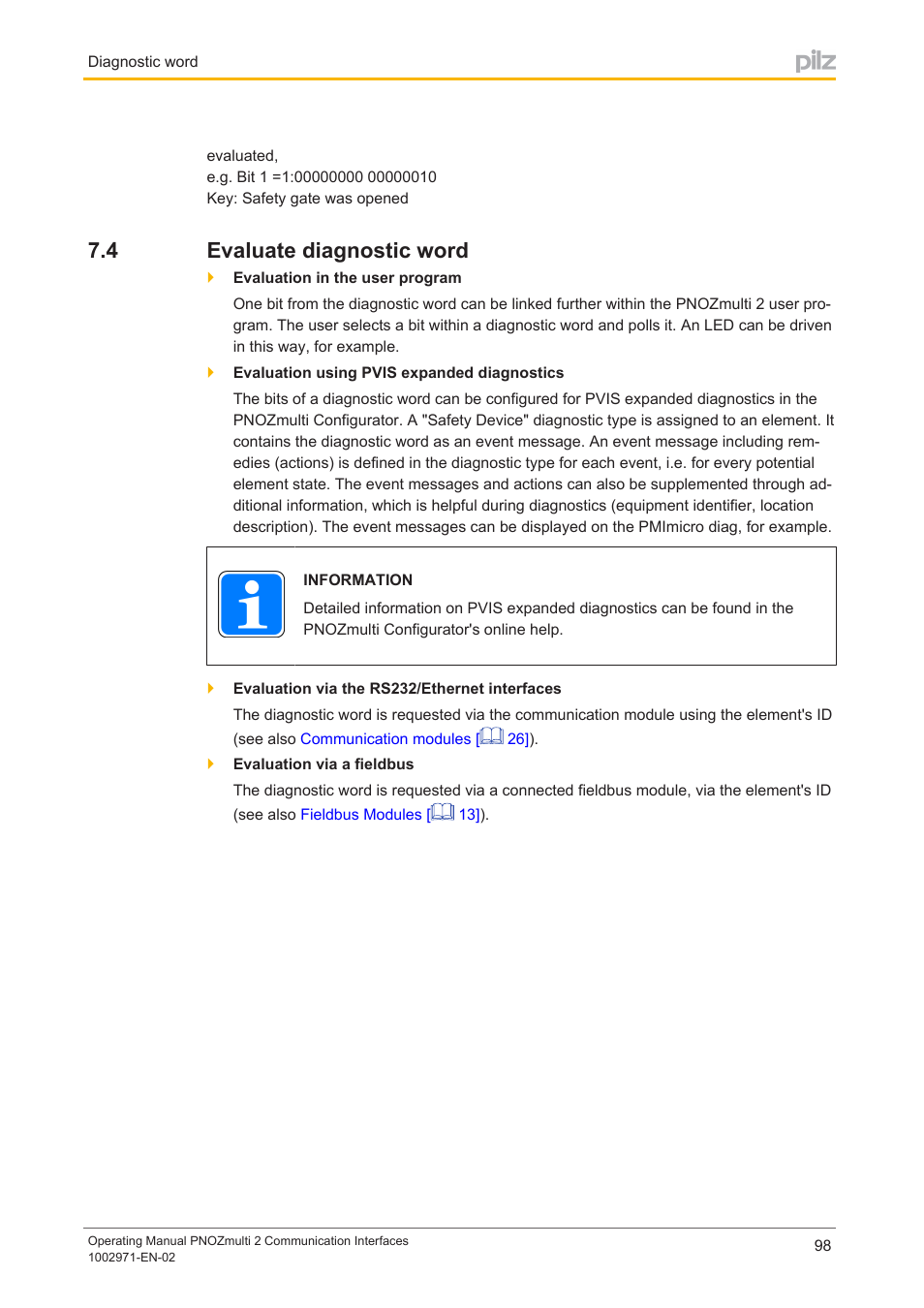4 evaluate diagnostic word, Evaluate diagnostic word | Pilz PNOZ m B0 User Manual | Page 98 / 157