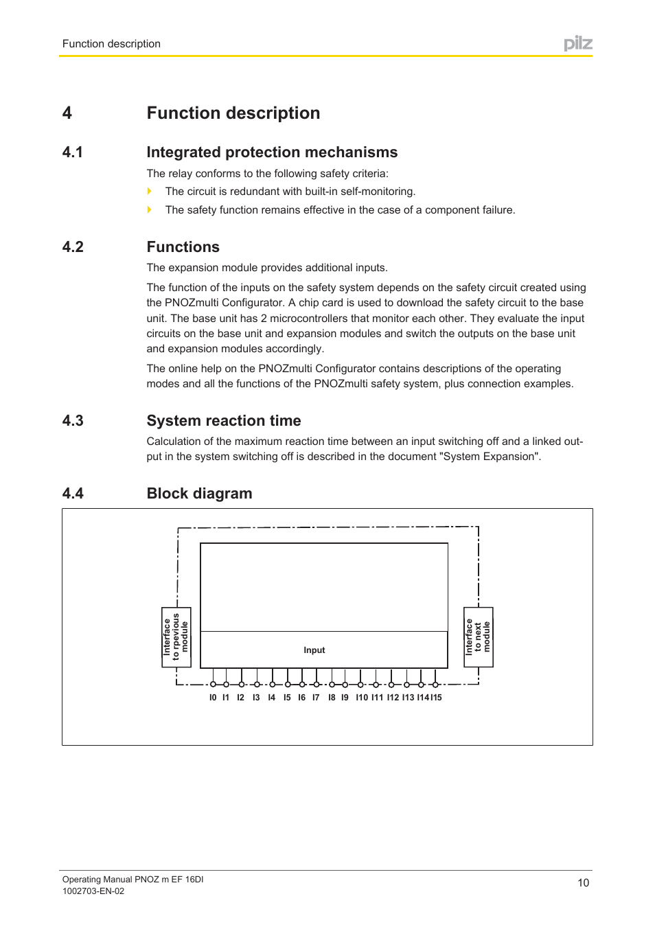 4 function description, 1 integrated protection mechanisms, 2 functions | 3 system reaction time, 4 block diagram, Section 4, Function description, Integrated protection mechanisms, Functions, System reaction time | Pilz PNOZ m EF 16DI User Manual | Page 10 / 18