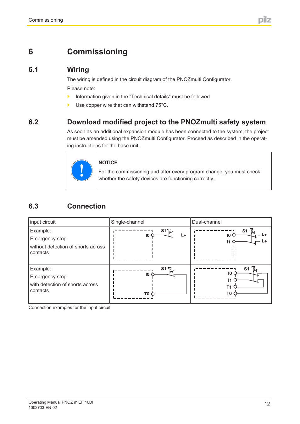 6 commissioning, 1 wiring, 3 connection | Section 6, Commissioning, Wiring, Connection, 6commissioning | Pilz PNOZ m EF 16DI User Manual | Page 12 / 18