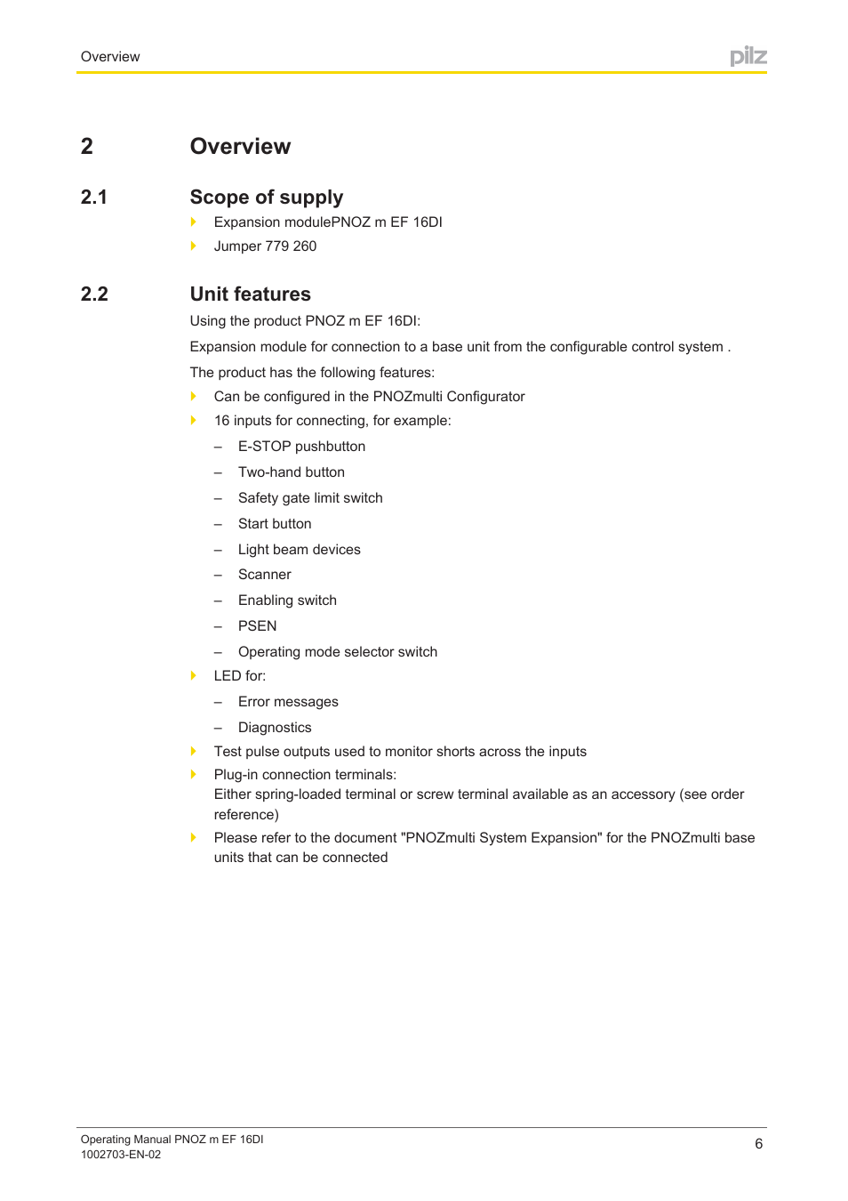 2 overview, 1 scope of supply, 2 unit features | Section 2, Overview, Scope of supply, Unit features, 2overview | Pilz PNOZ m EF 16DI User Manual | Page 6 / 18