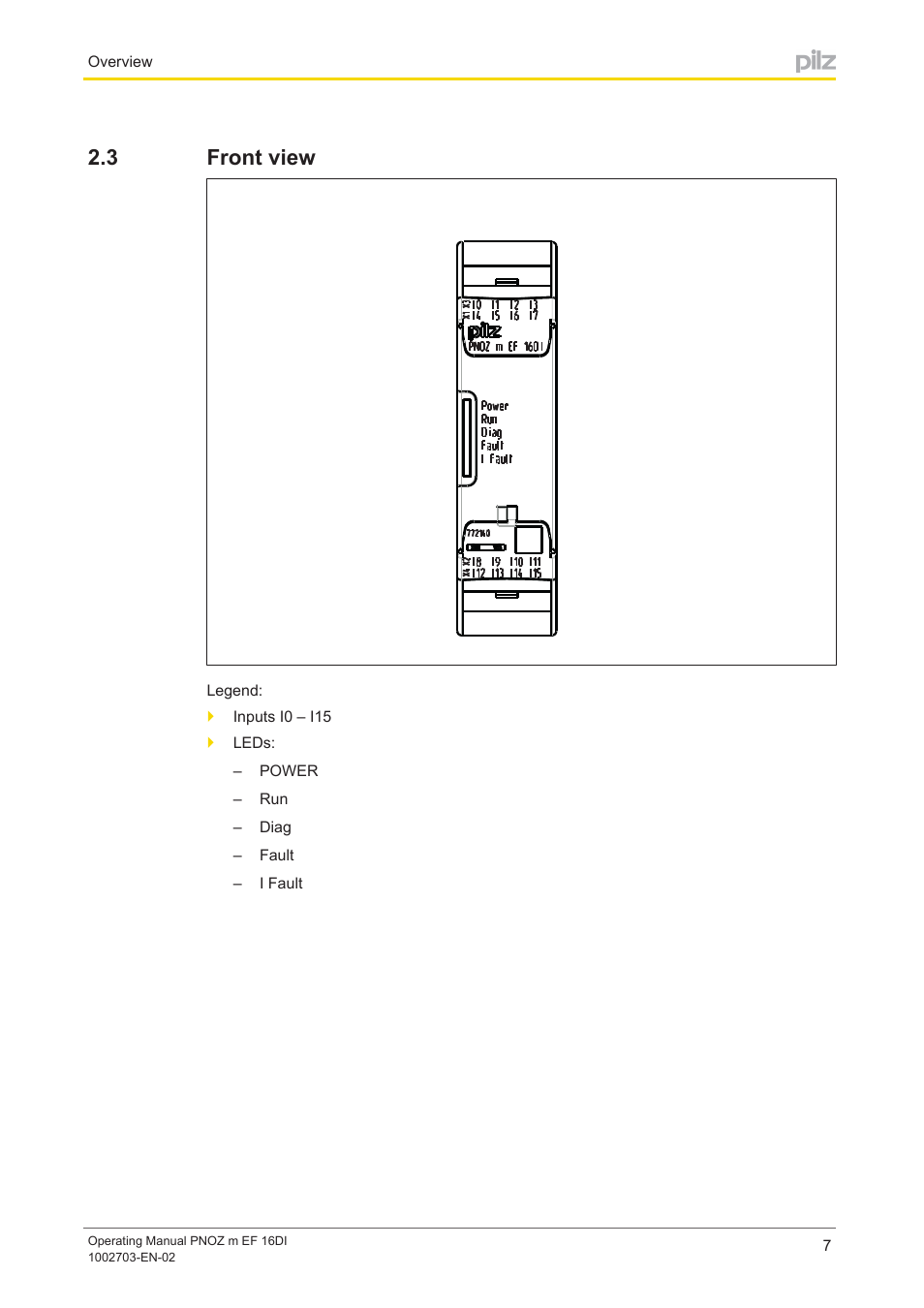 3 front view, Front view | Pilz PNOZ m EF 16DI User Manual | Page 7 / 18