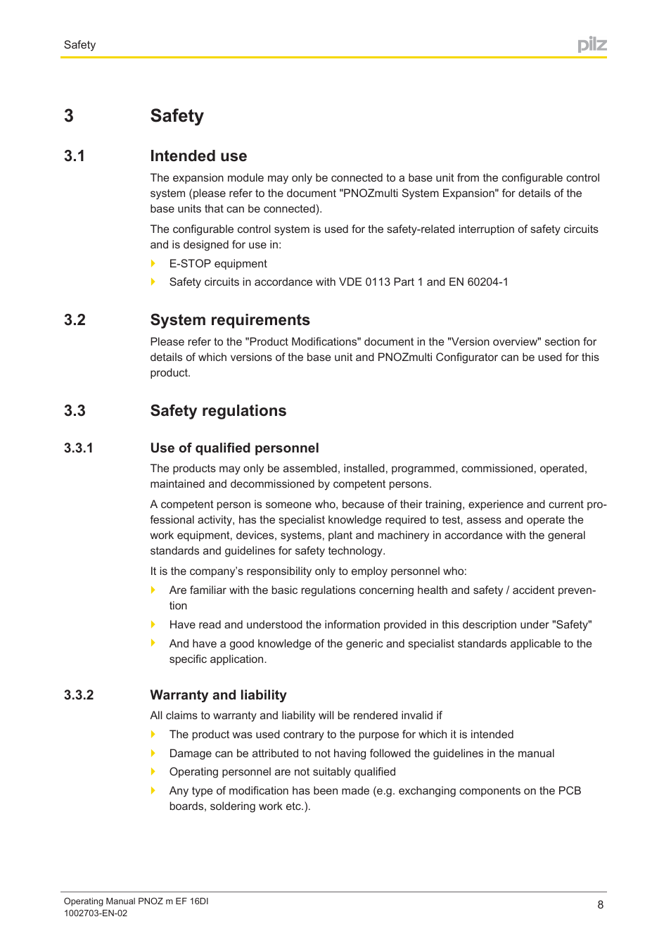 3 safety, 1 intended use, 2 system requirements | 3 safety regulations, 1 use of qualified personnel, 2 warranty and liability, Section 3, Safety, Intended use, System requirements | Pilz PNOZ m EF 16DI User Manual | Page 8 / 18