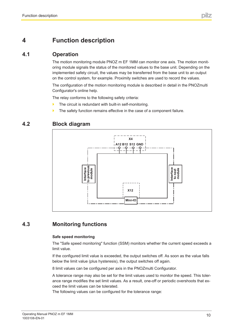 4 function description, 1 operation, 2 block diagram | 3 monitoring functions, Section 4, Function description, Operation, Block diagram, Monitoring functions, 4function description | Pilz PNOZ m EF 1MM User Manual | Page 10 / 26