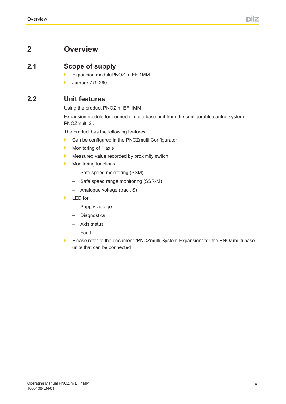 2 overview, 1 scope of supply, 2 unit features | Section 2, Overview, Scope of supply, Unit features, 2overview | Pilz PNOZ m EF 1MM User Manual | Page 6 / 26