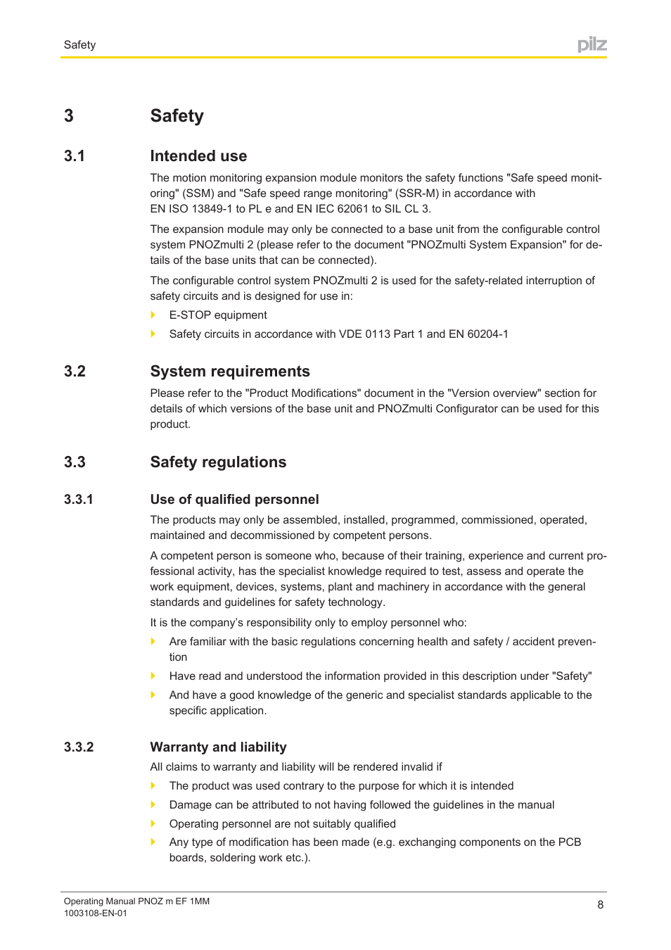 3 safety, 1 intended use, 2 system requirements | 3 safety regulations, 1 use of qualified personnel, 2 warranty and liability, Section 3, Safety, Intended use, System requirements | Pilz PNOZ m EF 1MM User Manual | Page 8 / 26