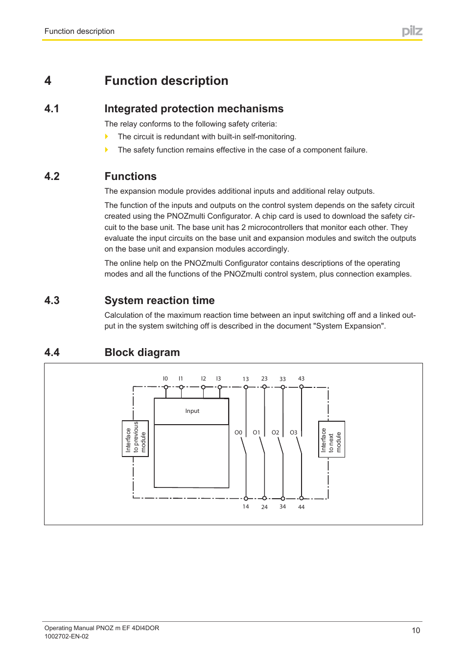 4 function description, 1 integrated protection mechanisms, 2 functions | 3 system reaction time, 4 block diagram, Section 4, Function description, Integrated protection mechanisms, Functions, System reaction time | Pilz PNOZ m EF 4DI4DOR User Manual | Page 10 / 22