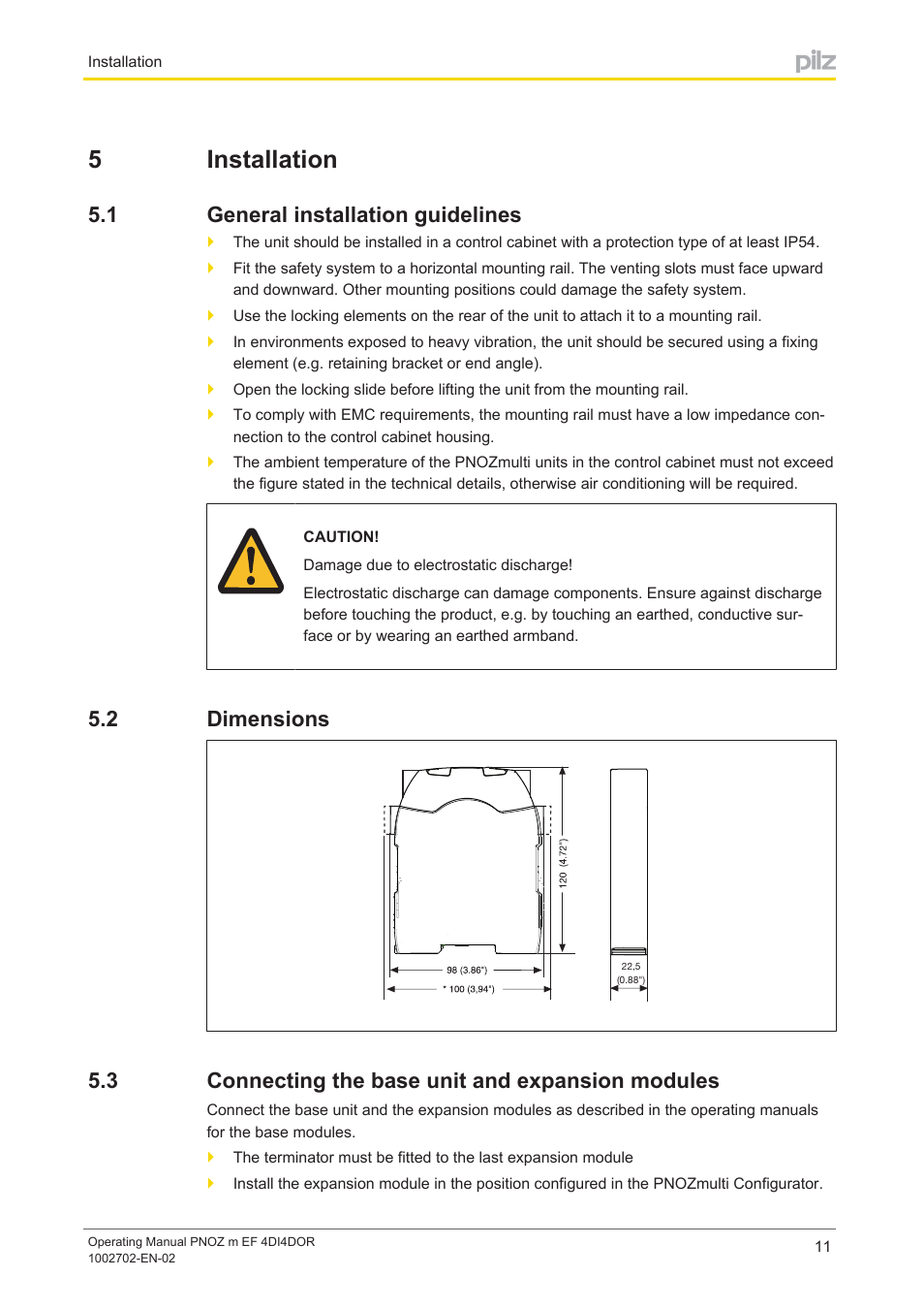 5 installation, 1 general installation guidelines, 2 dimensions | 3 connecting the base unit and expansion modules, Section 5, Installation, General installation guidelines, Dimensions, Connecting the base unit and expansion modules, 5installation | Pilz PNOZ m EF 4DI4DOR User Manual | Page 11 / 22