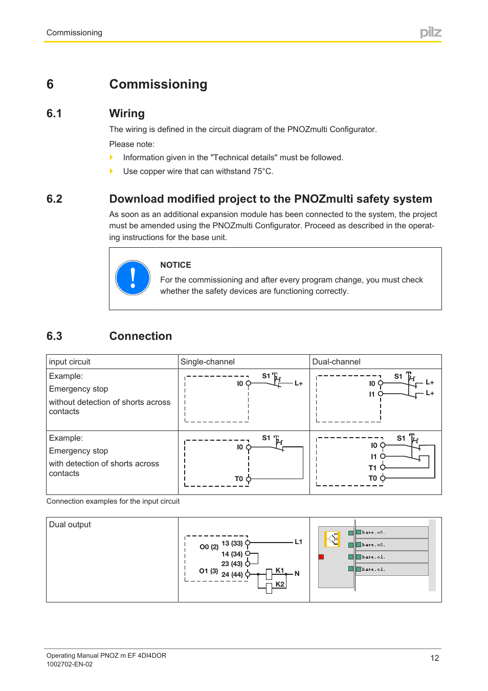 6 commissioning, 1 wiring, 3 connection | Section 6, Commissioning, Wiring, Connection, 6commissioning | Pilz PNOZ m EF 4DI4DOR User Manual | Page 12 / 22