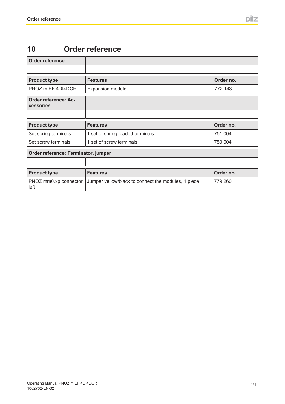 10 order reference, Section 10, Order reference | Pilz PNOZ m EF 4DI4DOR User Manual | Page 21 / 22