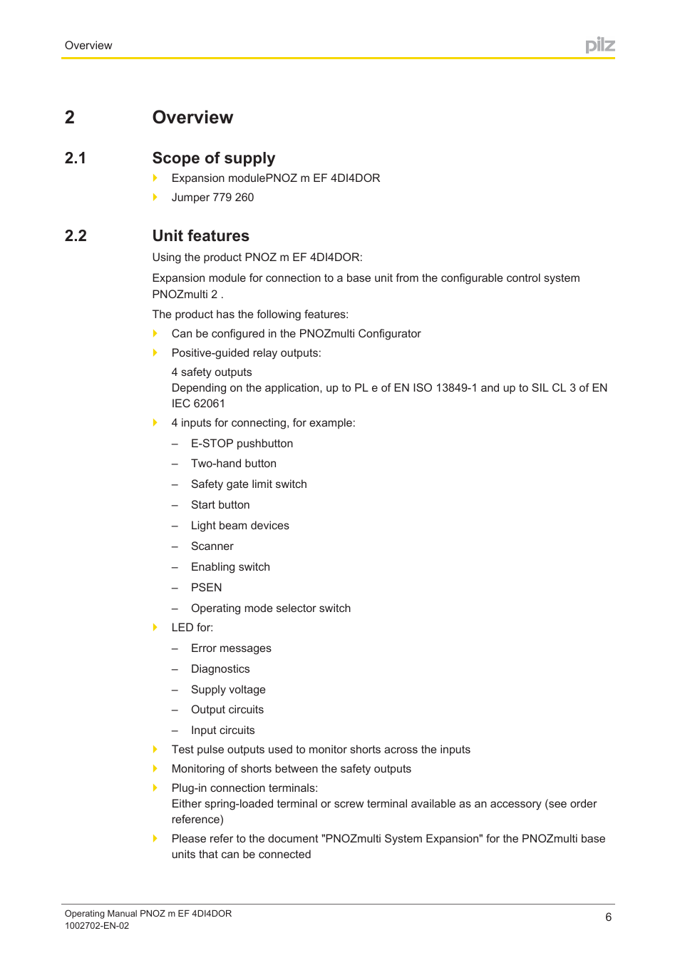 2 overview, 1 scope of supply, 2 unit features | Section 2, Overview, Scope of supply, Unit features, 2overview | Pilz PNOZ m EF 4DI4DOR User Manual | Page 6 / 22