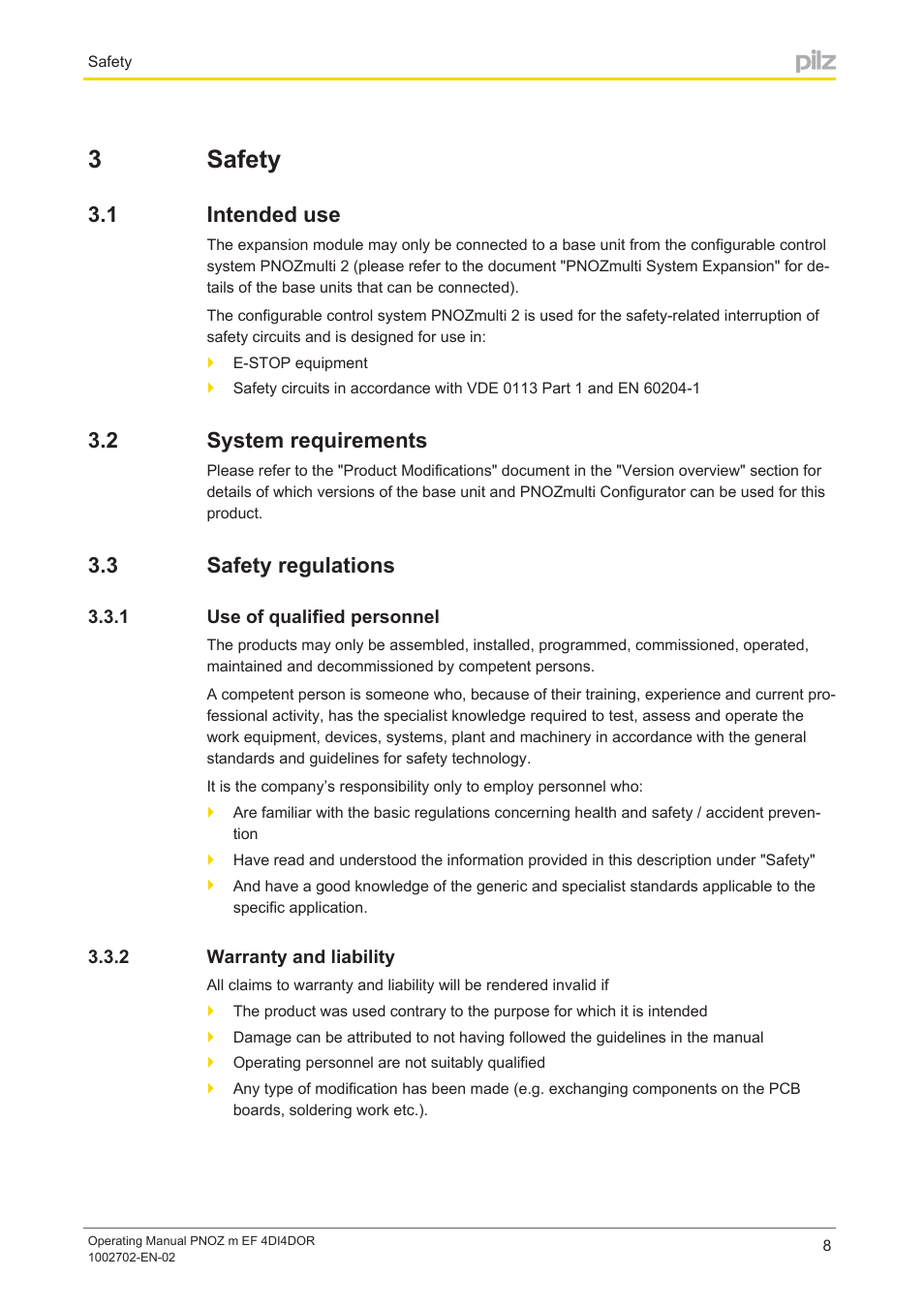 3 safety, 1 intended use, 2 system requirements | 3 safety regulations, 1 use of qualified personnel, 2 warranty and liability, Section 3, Safety, Intended use, System requirements | Pilz PNOZ m EF 4DI4DOR User Manual | Page 8 / 22