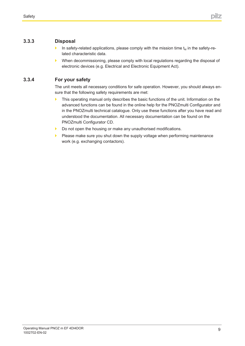 3 disposal, 4 for your safety, Disposal | For your safety | Pilz PNOZ m EF 4DI4DOR User Manual | Page 9 / 22