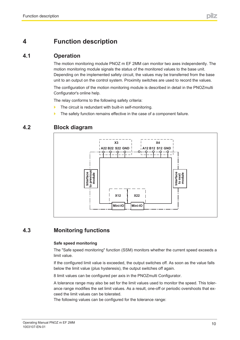 4 function description, 1 operation, 2 block diagram | 3 monitoring functions, Section 4, Function description, Operation, Block diagram, Monitoring functions, 4function description | Pilz PNOZ m EF 2MM User Manual | Page 10 / 26