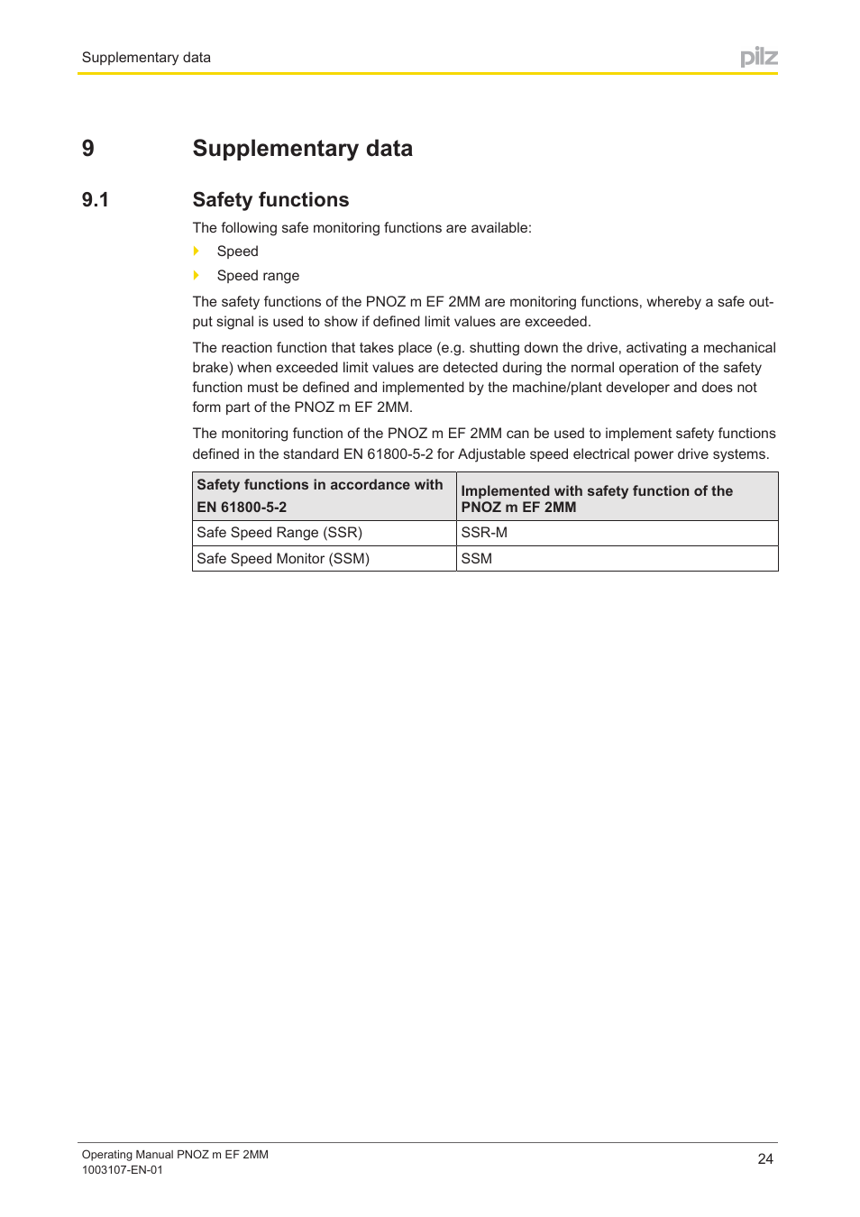 9 supplementary data, 1 safety functions, Section 9 | Supplementary data, Safety functions, 9supplementary data | Pilz PNOZ m EF 2MM User Manual | Page 24 / 26