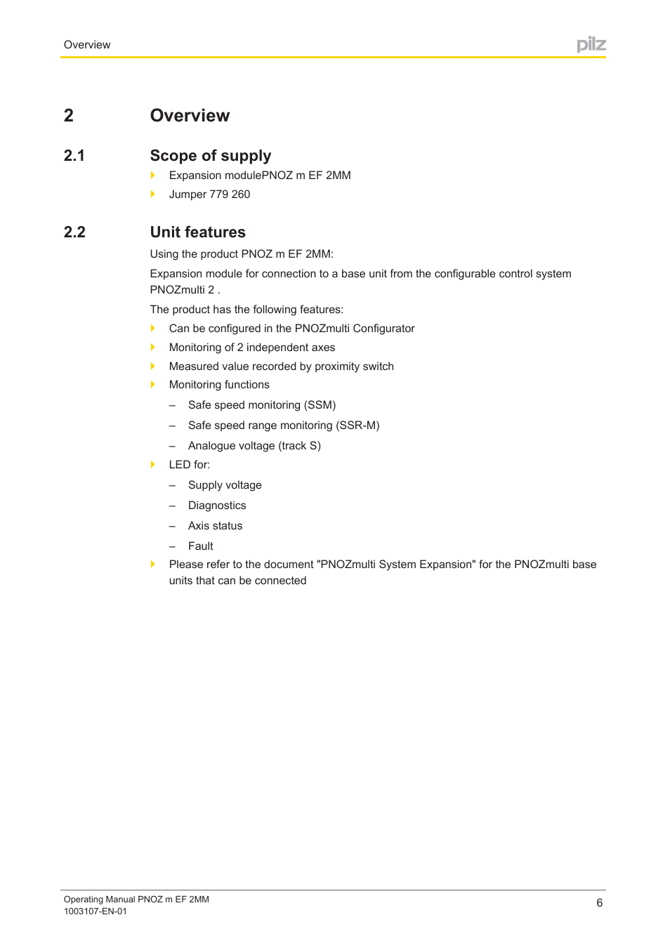 2 overview, 1 scope of supply, 2 unit features | Section 2, Overview, Scope of supply, Unit features, 2overview | Pilz PNOZ m EF 2MM User Manual | Page 6 / 26