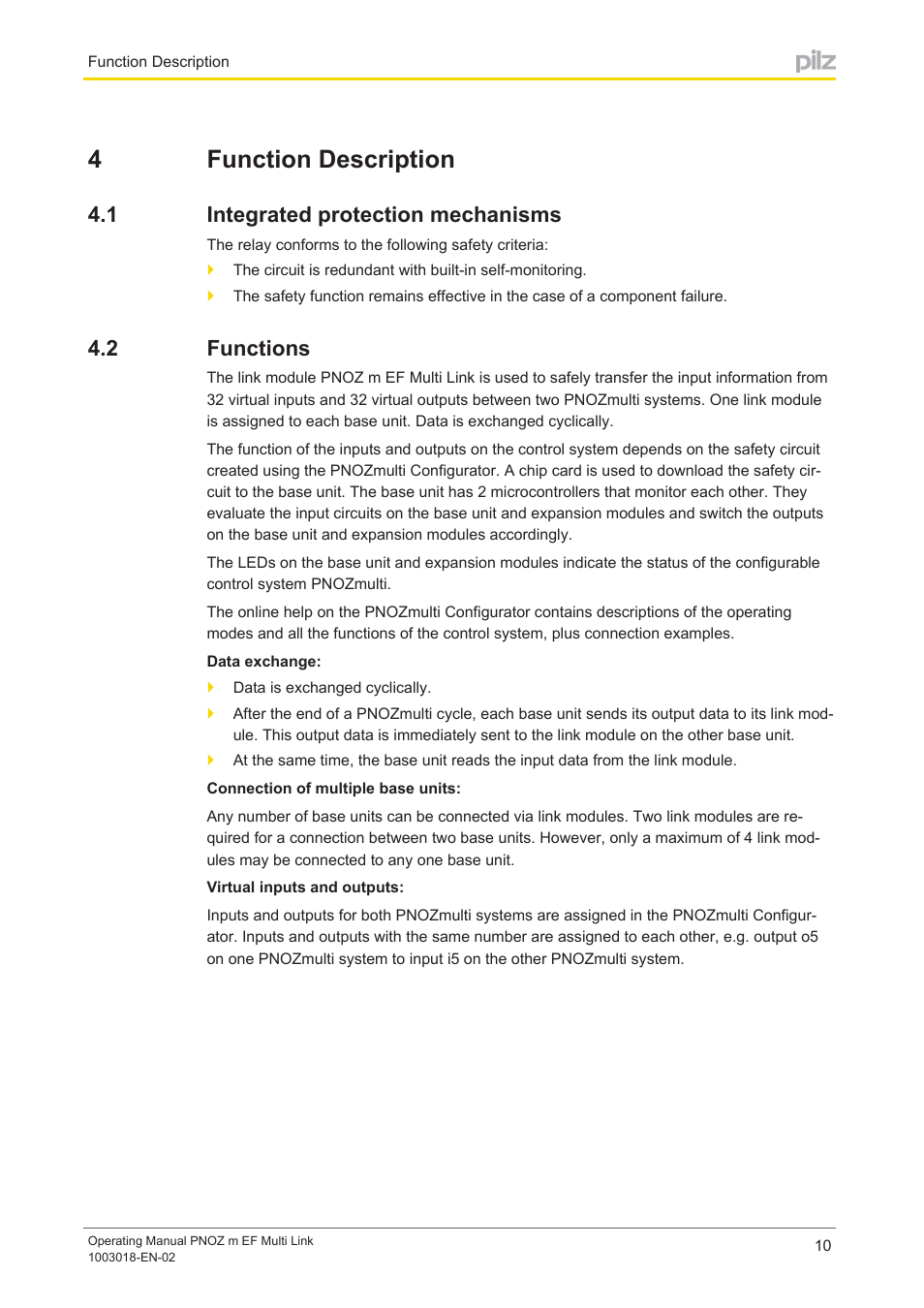4 function description, 1 integrated protection mechanisms, 2 functions | Section 4, Function description, Integrated protection mechanisms, Functions, 4function description | Pilz PNOZ m EF Multi Link User Manual | Page 10 / 22
