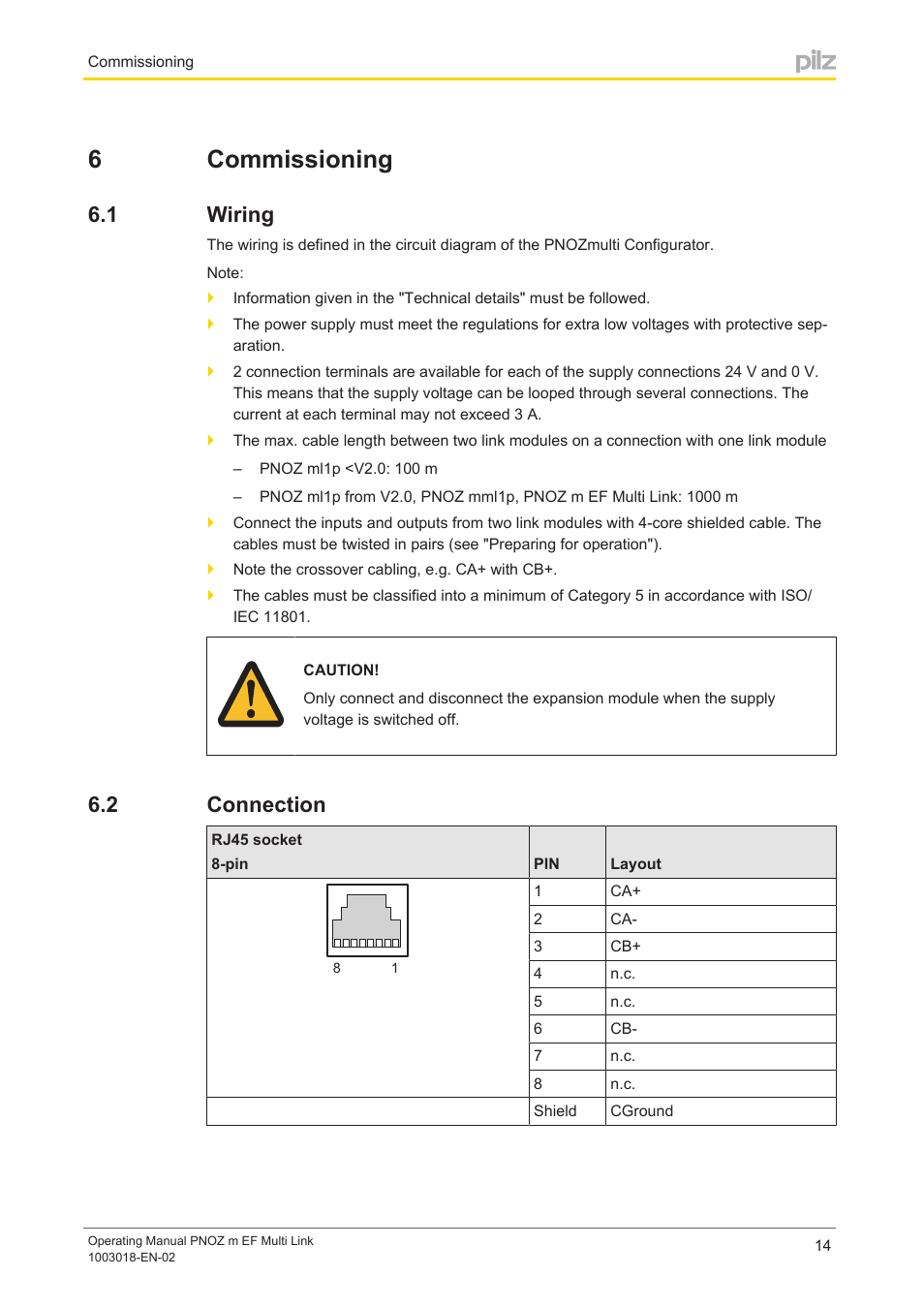 6 commissioning, 1 wiring, 2 connection | Section 6, Commissioning, Wiring, Connection, 6commissioning | Pilz PNOZ m EF Multi Link User Manual | Page 14 / 22