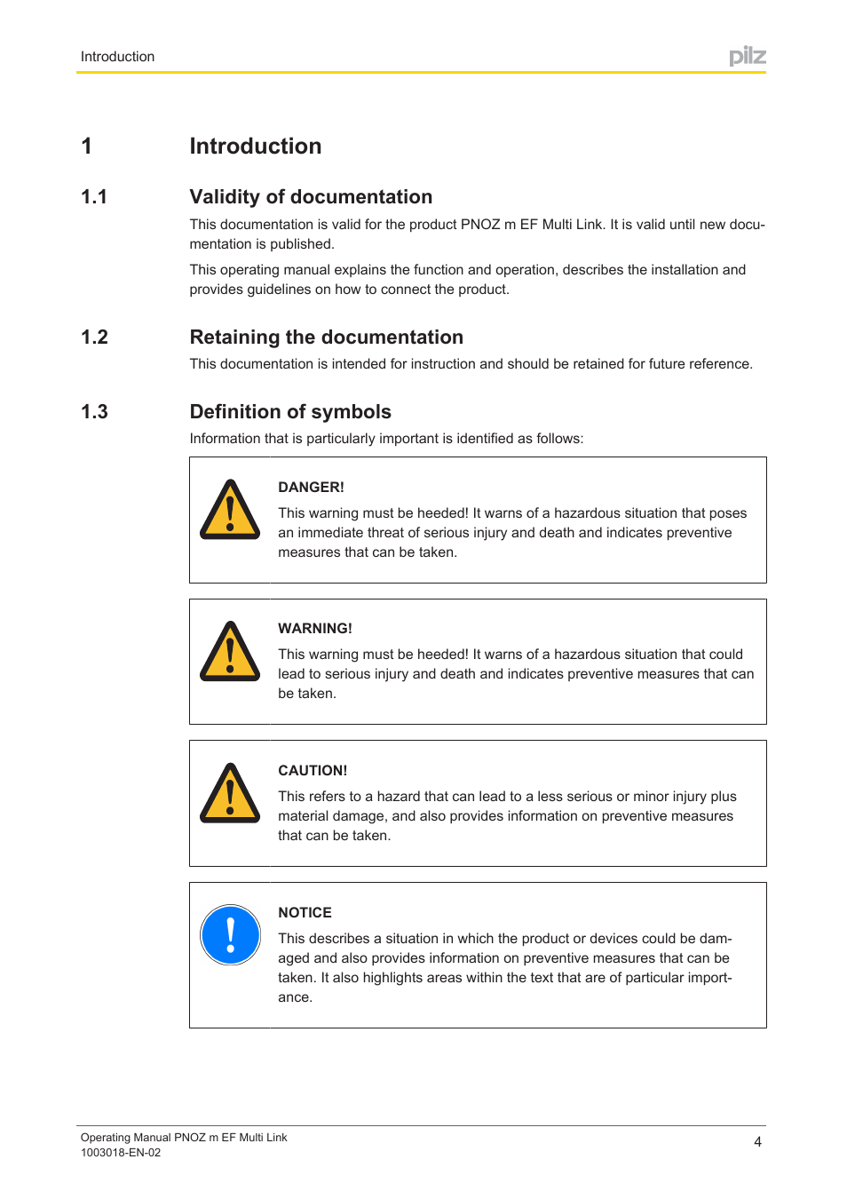 1 introduction, 1 validity of documentation, 2 retaining the documentation | 3 definition of symbols, Section 1, Introduction, Validity of documentation, Retaining the documentation, Definition of symbols, 1introduction | Pilz PNOZ m EF Multi Link User Manual | Page 4 / 22