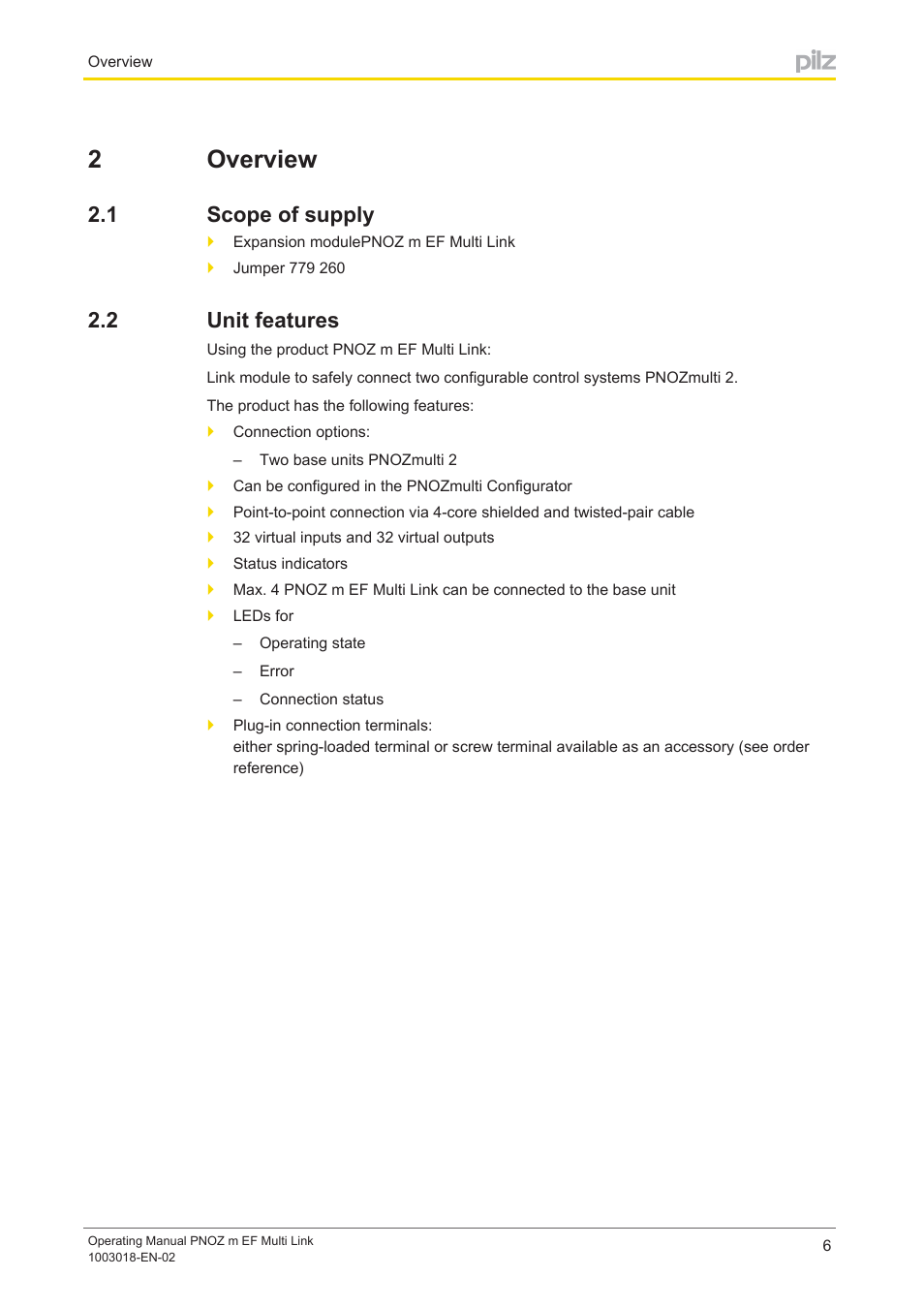 2 overview, 1 scope of supply, 2 unit features | Section 2, Overview, Scope of supply, Unit features, 2overview | Pilz PNOZ m EF Multi Link User Manual | Page 6 / 22