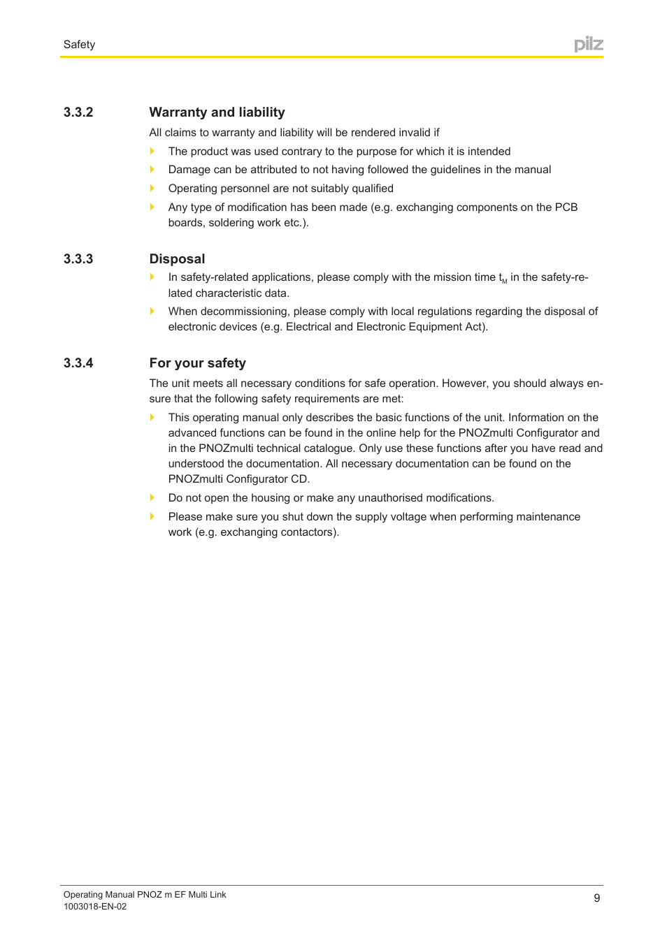 2 warranty and liability, 3 disposal, 4 for your safety | Warranty and liability, Disposal, For your safety | Pilz PNOZ m EF Multi Link User Manual | Page 9 / 22