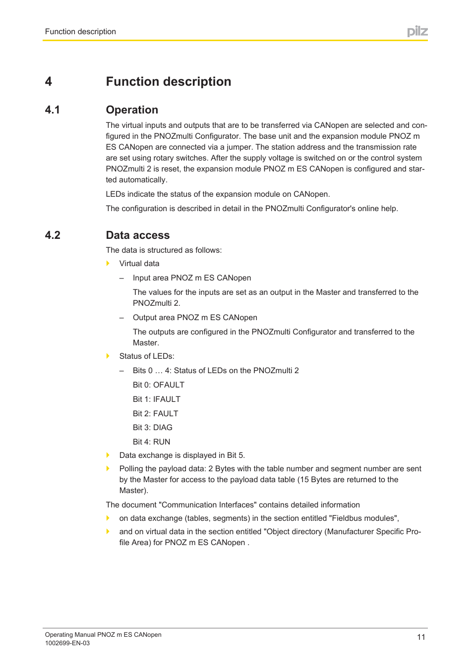 4 function description, 1 operation, 2 data access | Section 4, Function description, Operation, Data access, 4function description | Pilz PNOZ m ES CANopen User Manual | Page 11 / 24