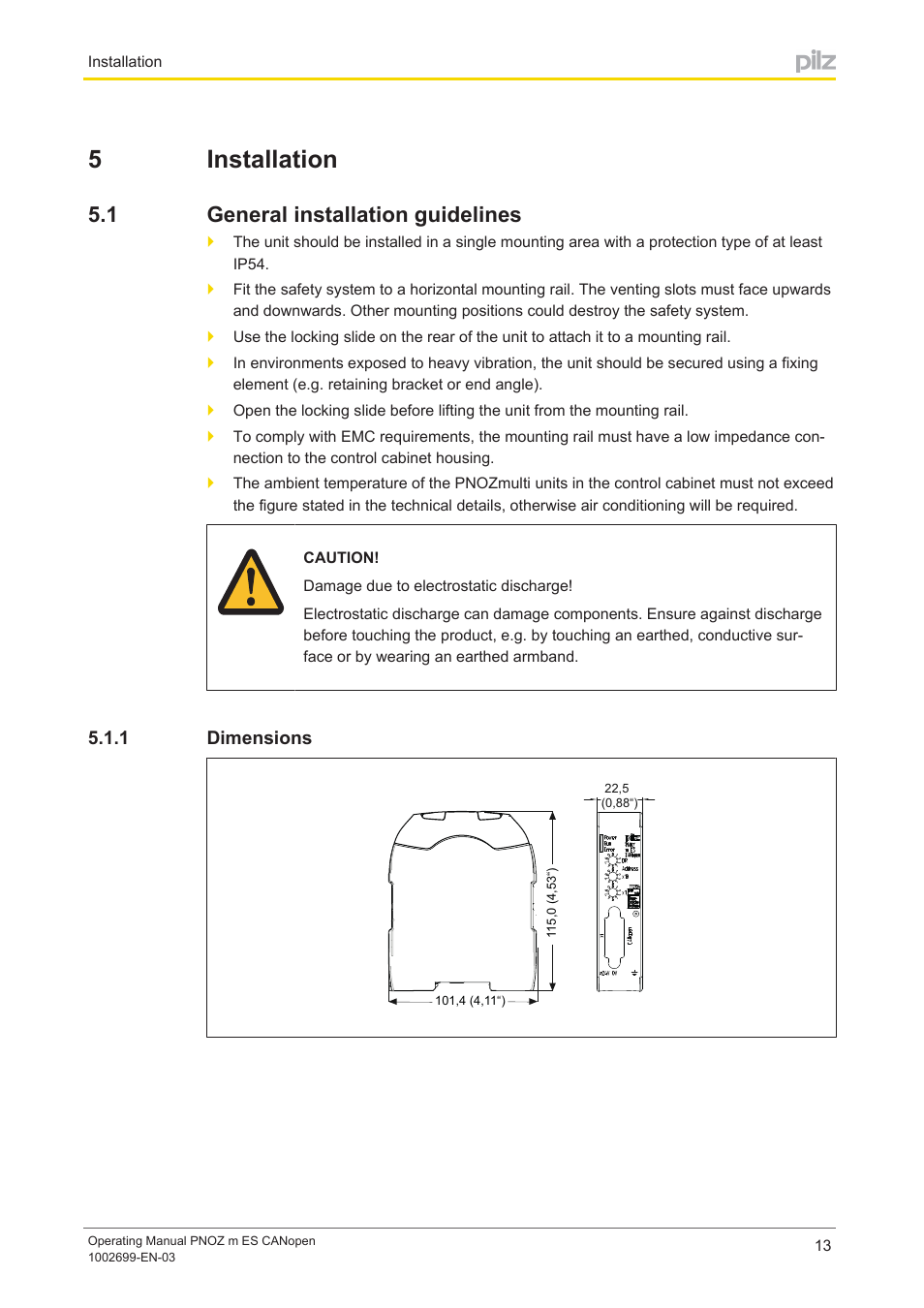 5 installation, 1 general installation guidelines, 1 dimensions | Section 5, Installation, General installation guidelines, Dimensions, 5installation | Pilz PNOZ m ES CANopen User Manual | Page 13 / 24