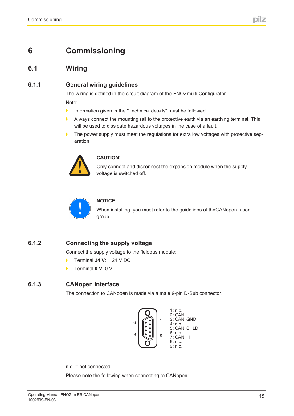 6 commissioning, 1 wiring, 1 general wiring guidelines | 2 connecting the supply voltage, 3 canopen interface, Section 6, Commissioning, Wiring, General wiring guidelines, Connecting the supply voltage | Pilz PNOZ m ES CANopen User Manual | Page 15 / 24