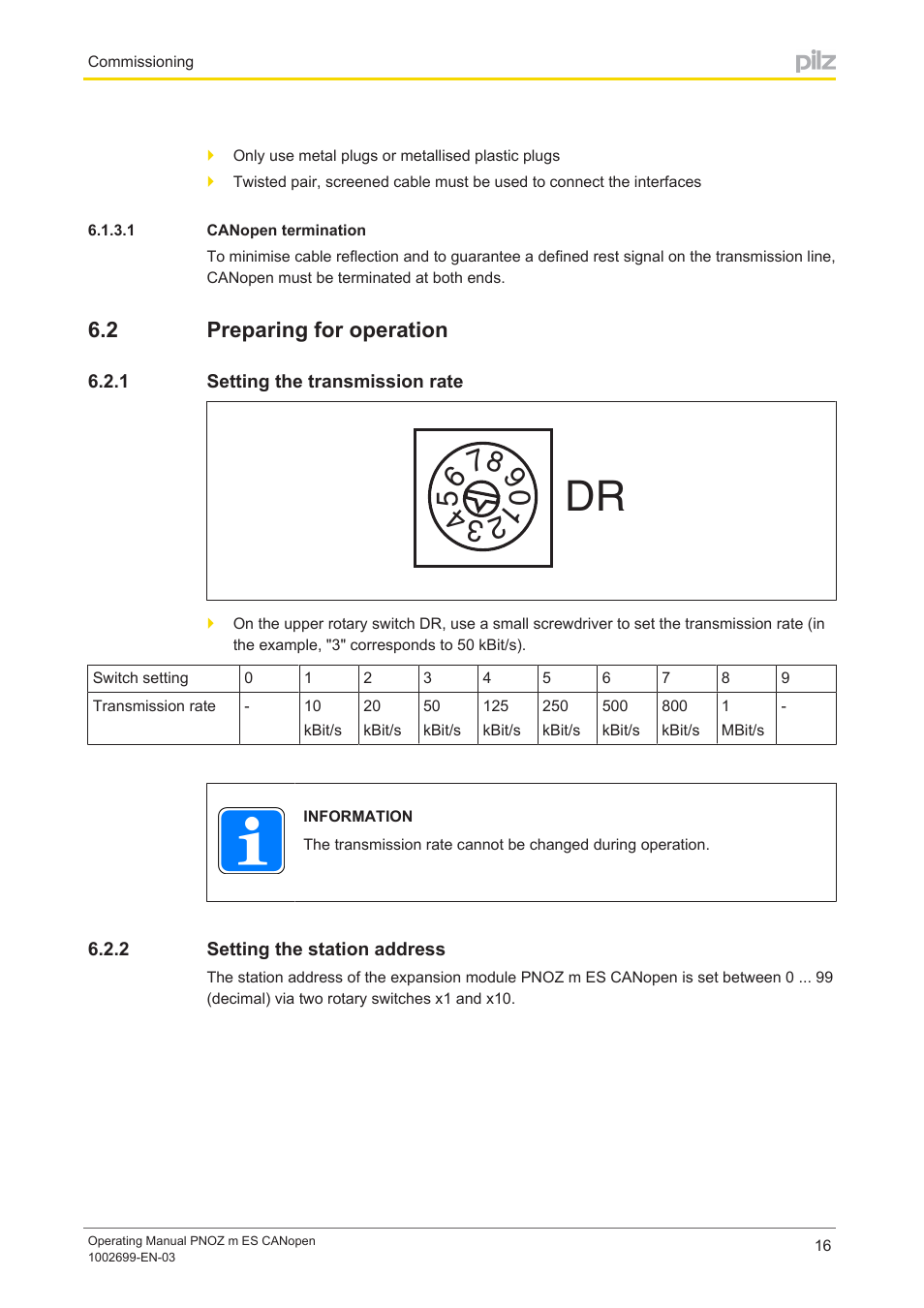 1 canopen termination, 2 preparing for operation, 1 setting the transmission rate | 2 setting the station address, Canopen termination, Preparing for operation, Setting the transmission rate, Setting the station address | Pilz PNOZ m ES CANopen User Manual | Page 16 / 24