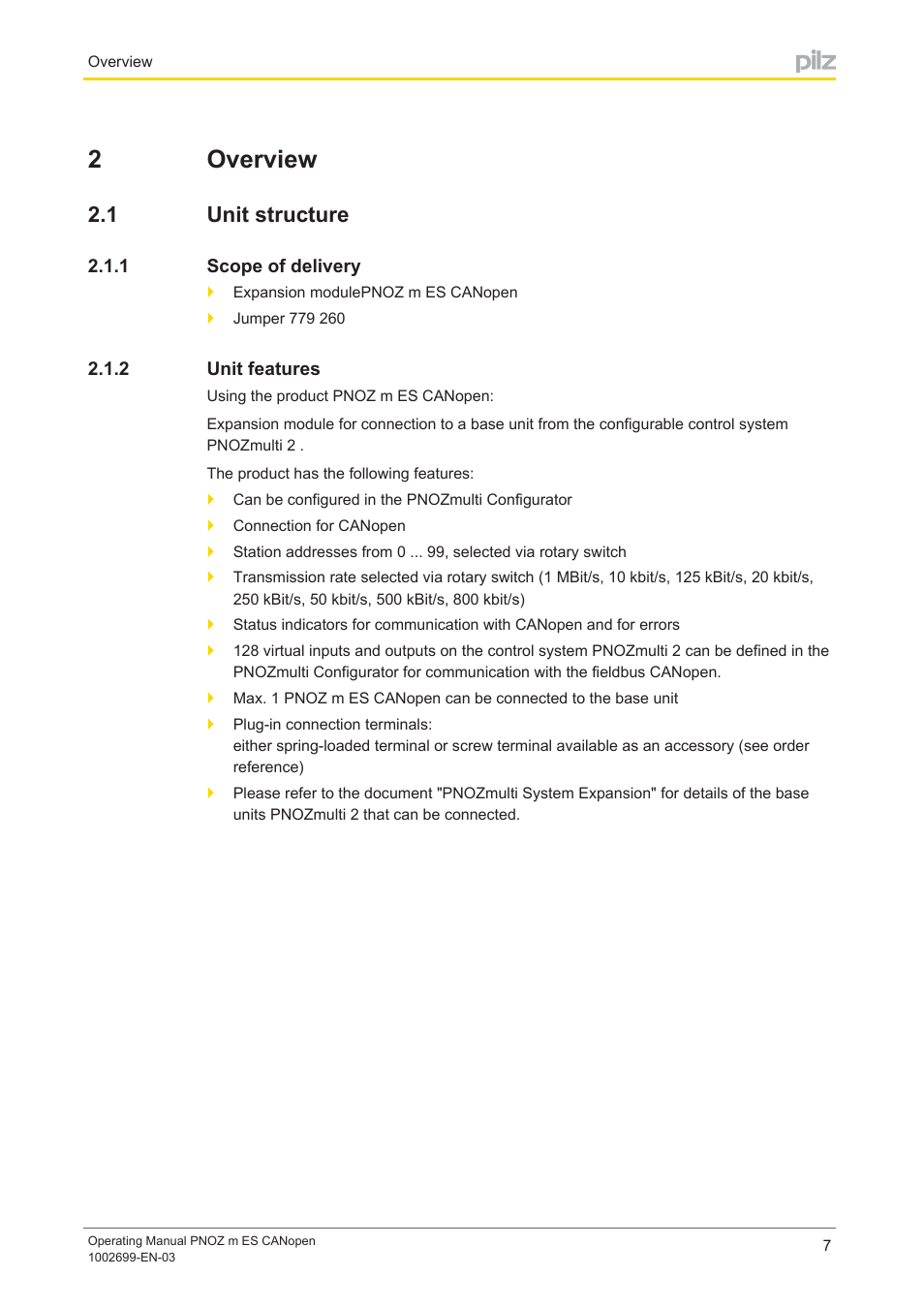 2 overview, 1 unit structure, 1 scope of delivery | 2 unit features, Section 2, Overview, Unit structure, Scope of delivery, Unit features, 2overview | Pilz PNOZ m ES CANopen User Manual | Page 7 / 24