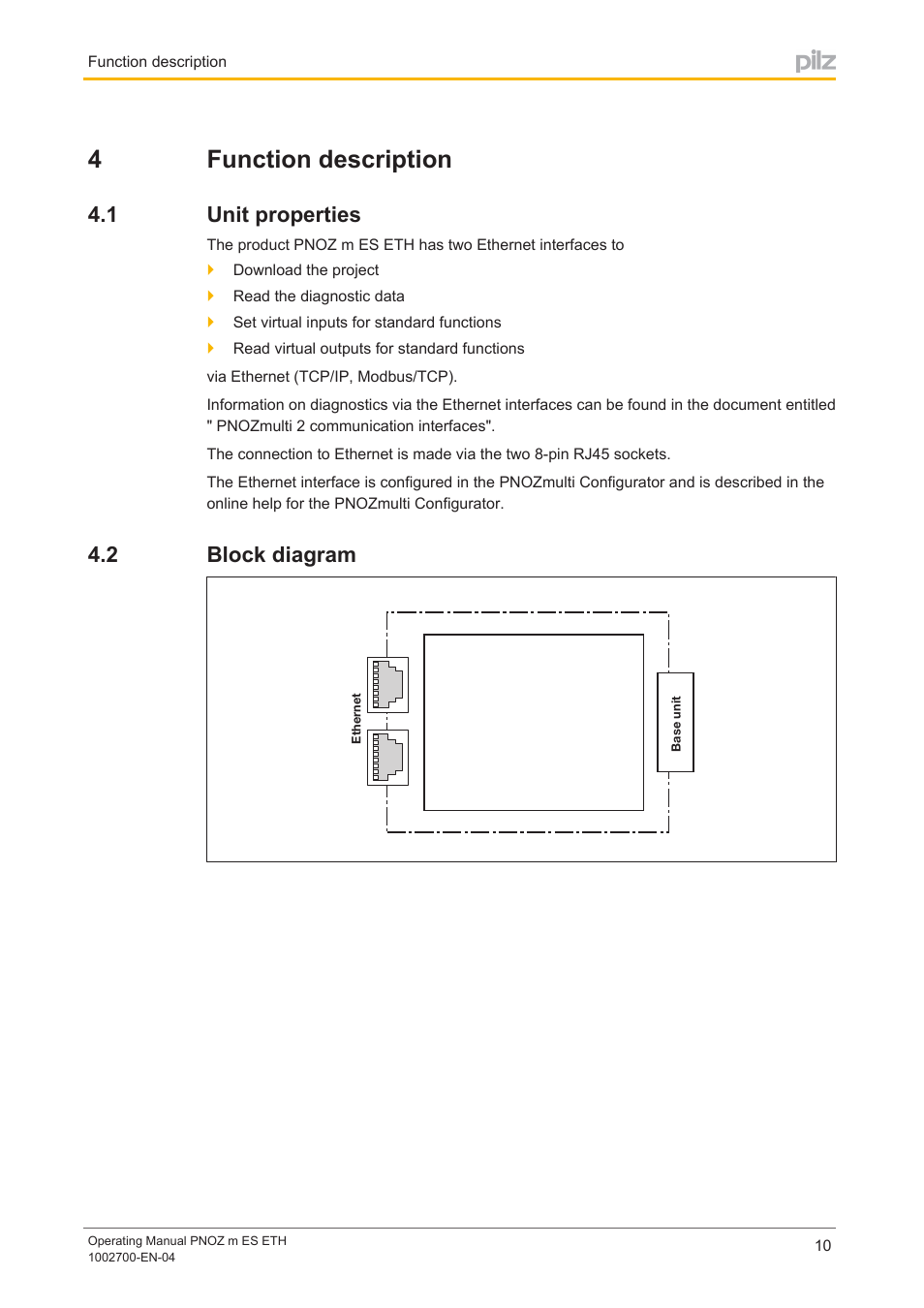 4 function description, 1 unit properties, 2 block diagram | Section 4, Function description, Unit properties, Block diagram, 4function description | Pilz PNOZ m ES ETH User Manual | Page 10 / 22