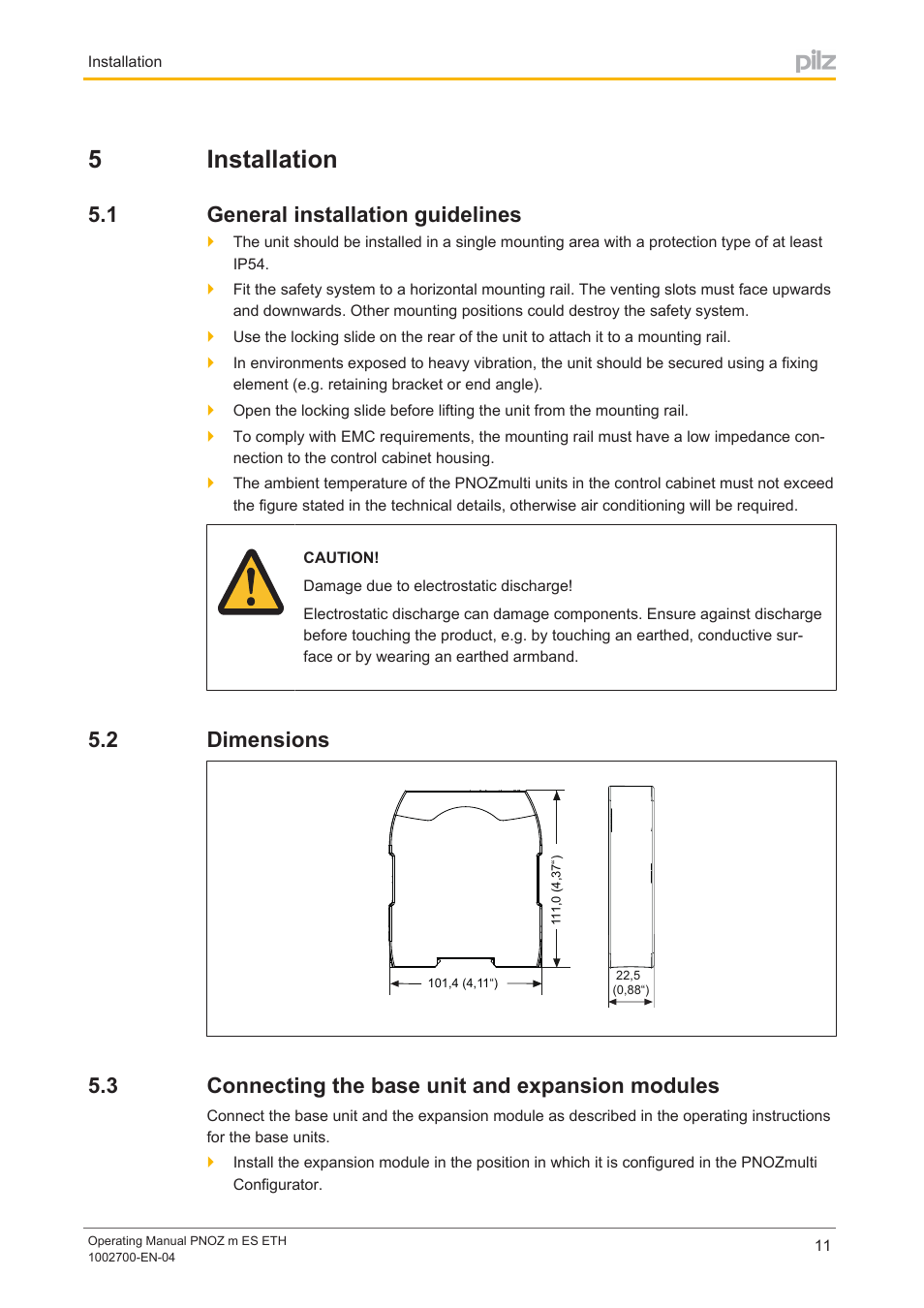 5 installation, 1 general installation guidelines, 2 dimensions | 3 connecting the base unit and expansion modules, Section 5, Installation, General installation guidelines, Dimensions, Connecting the base unit and expansion modules, 5installation | Pilz PNOZ m ES ETH User Manual | Page 11 / 22