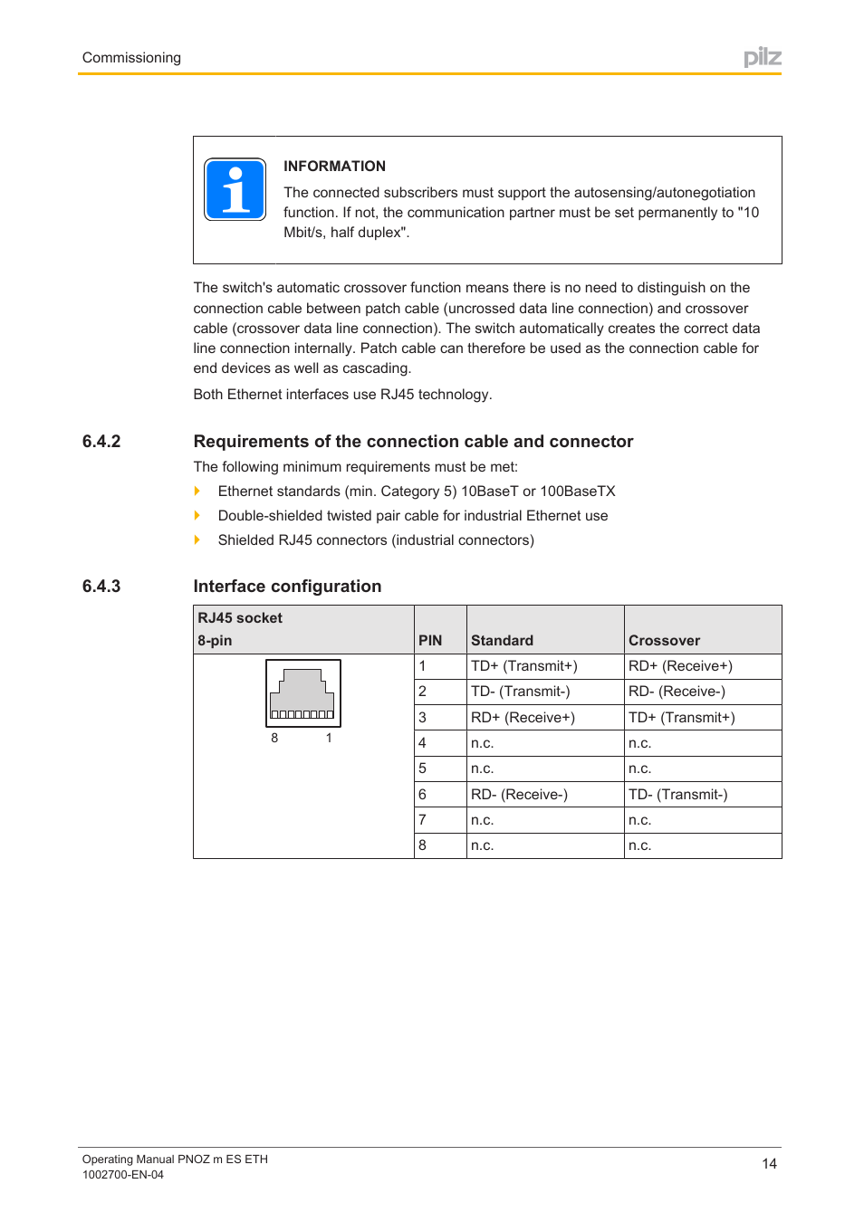 3 interface configuration, Requirements of the connection cable and connector, Interface configuration | Pilz PNOZ m ES ETH User Manual | Page 14 / 22