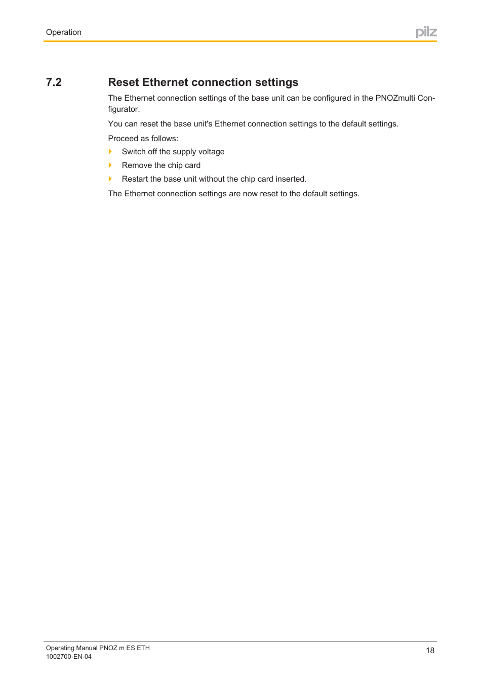 2 reset ethernet connection settings, Reset ethernet connection settings | Pilz PNOZ m ES ETH User Manual | Page 18 / 22