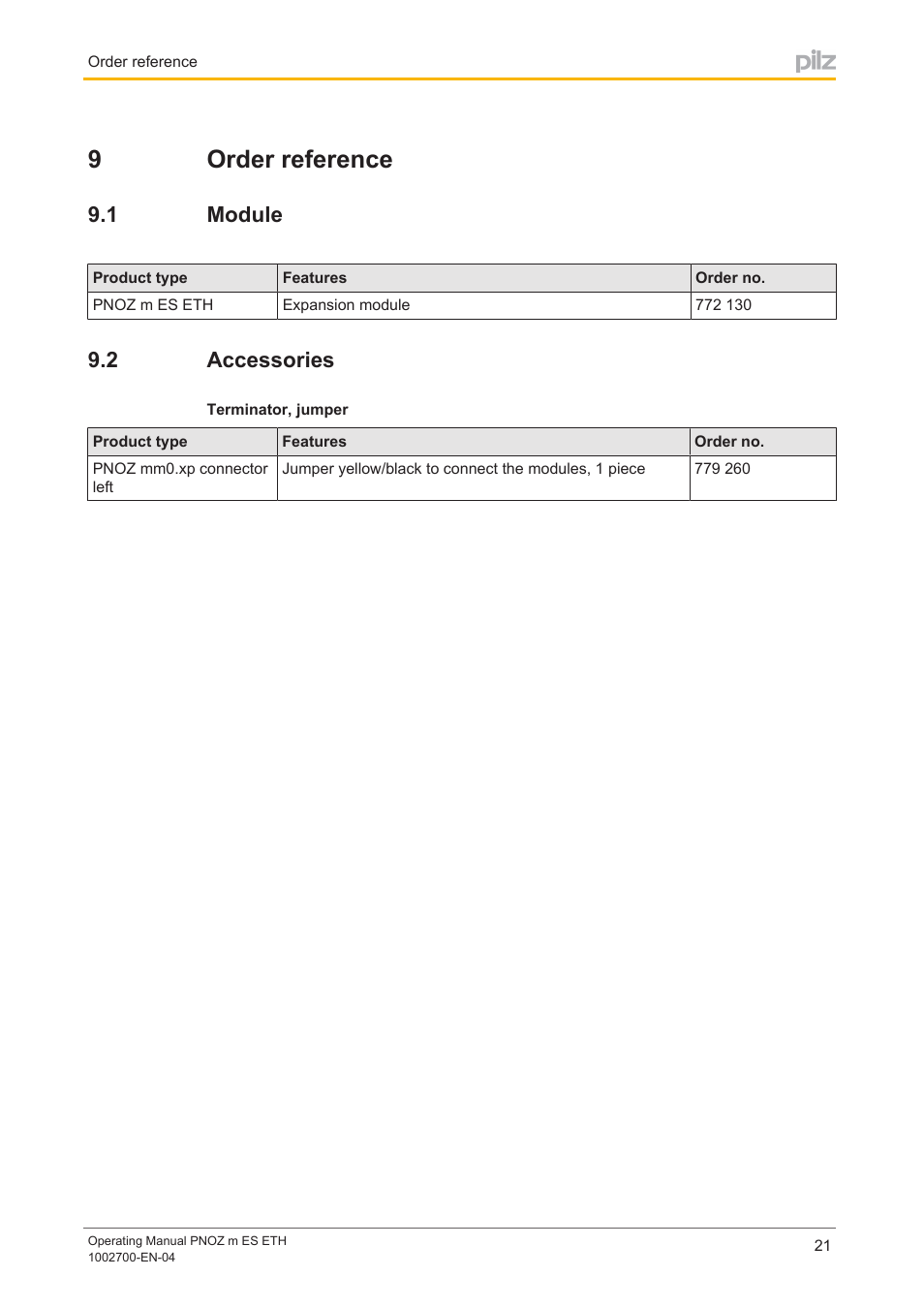 9 order reference, 1 module, 2 accessories | Section 9, Order reference, Module, Accessories, 9order reference | Pilz PNOZ m ES ETH User Manual | Page 21 / 22