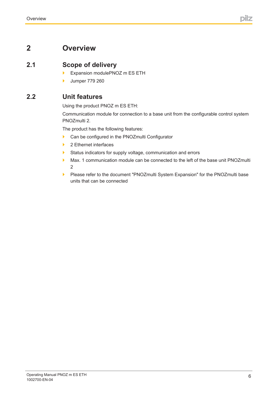 2 overview, 1 scope of delivery, 2 unit features | Section 2, Overview, Scope of delivery, Unit features, 2overview | Pilz PNOZ m ES ETH User Manual | Page 6 / 22