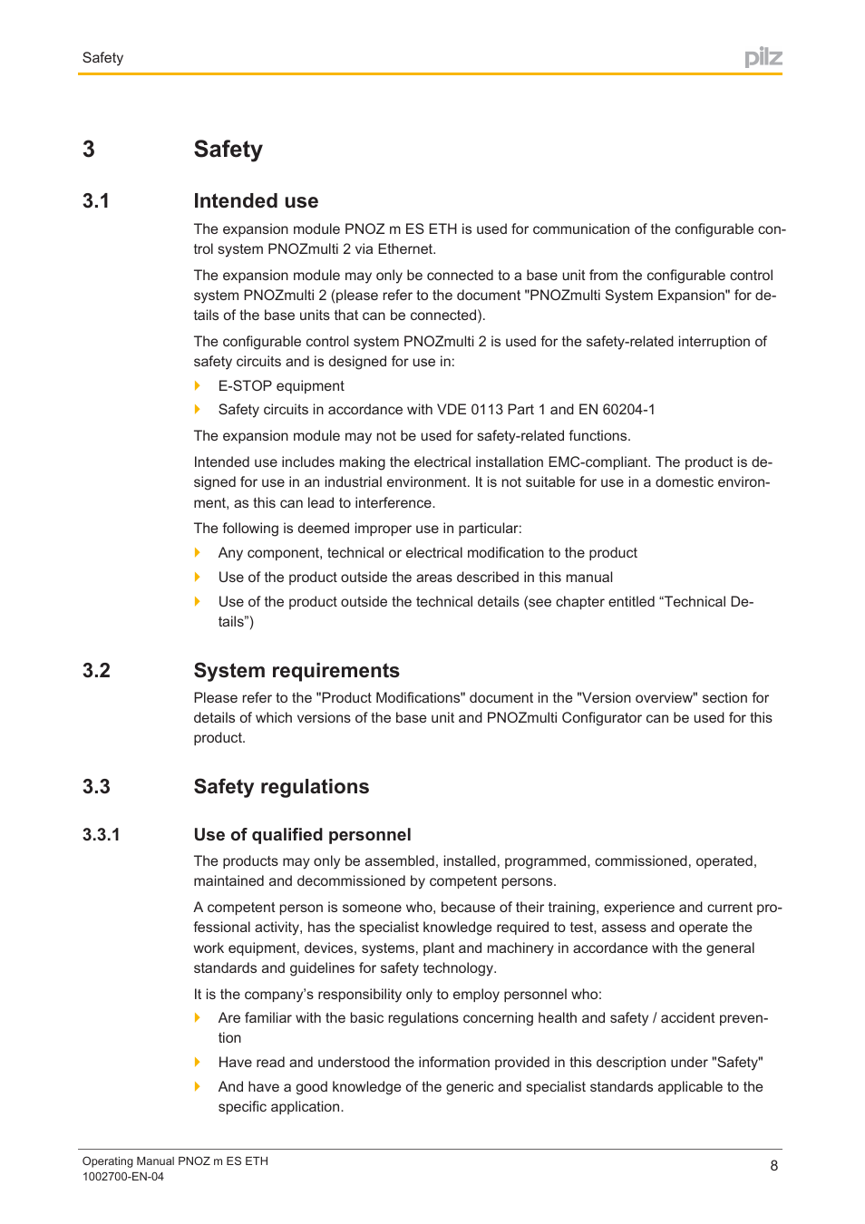 3 safety, 1 intended use, 2 system requirements | 3 safety regulations, 1 use of qualified personnel, Section 3, Safety, Intended use, System requirements, Safety regulations | Pilz PNOZ m ES ETH User Manual | Page 8 / 22