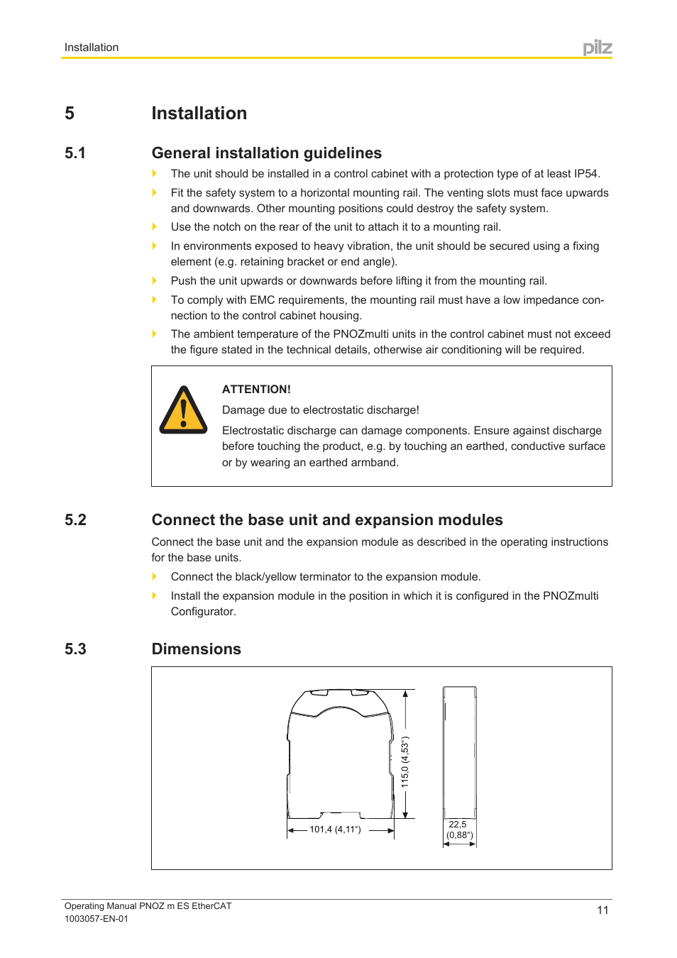 5 installation, 1 general installation guidelines, 2 connect the base unit and expansion modules | 3 dimensions, Section 5, Installation, General installation guidelines, Connect the base unit and expansion modules, Dimensions | Pilz PNOZ m ES EtherCAT User Manual | Page 11 / 20