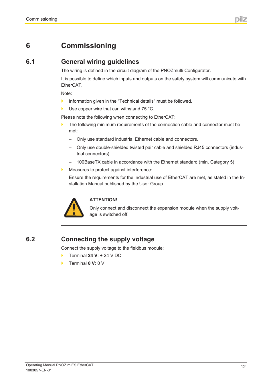 6 commissioning, 1 general wiring guidelines, 2 connecting the supply voltage | Section 6, Commissioning, General wiring guidelines, Connecting the supply voltage | Pilz PNOZ m ES EtherCAT User Manual | Page 12 / 20