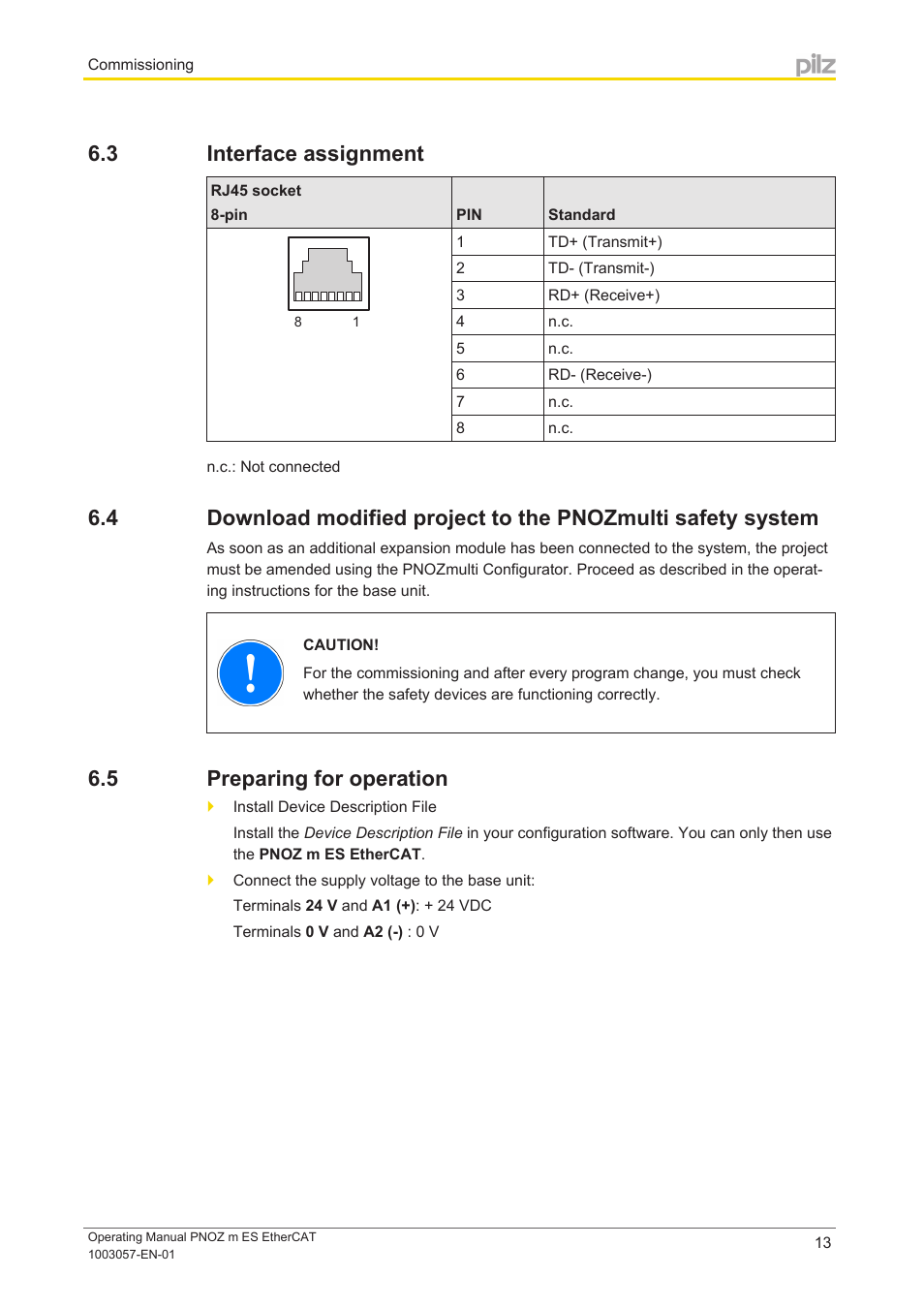 3 interface assignment, 5 preparing for operation, Interface assignment | Preparing for operation | Pilz PNOZ m ES EtherCAT User Manual | Page 13 / 20