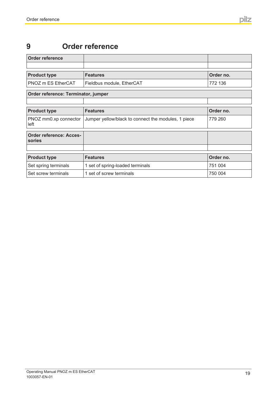 9 order reference, Section 9, Order reference | Pilz PNOZ m ES EtherCAT User Manual | Page 19 / 20