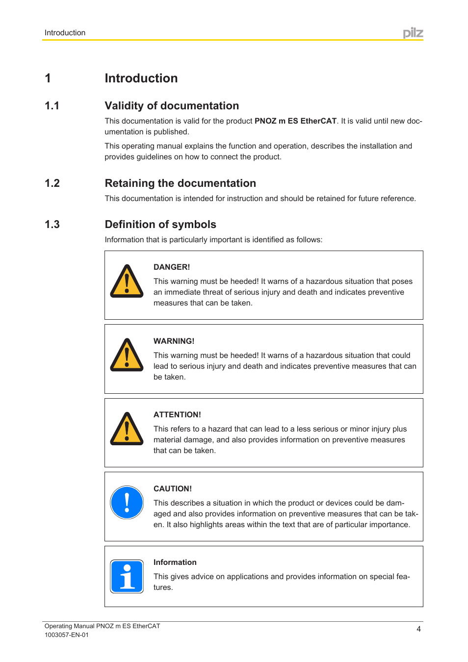 1 introduction, 1 validity of documentation, 2 retaining the documentation | 3 definition of symbols, Section 1, Introduction, Validity of documentation, Retaining the documentation, Definition of symbols | Pilz PNOZ m ES EtherCAT User Manual | Page 4 / 20