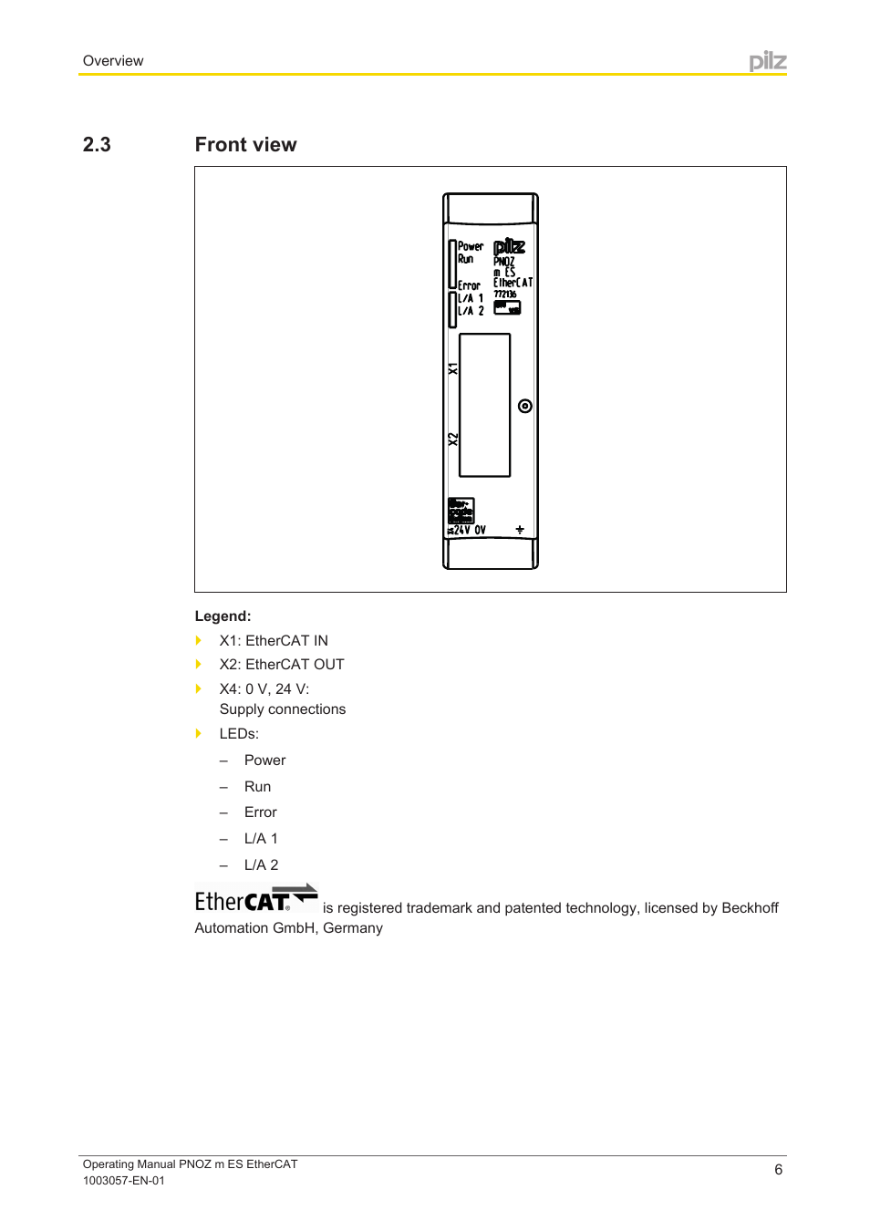 3 front view, Front view | Pilz PNOZ m ES EtherCAT User Manual | Page 6 / 20