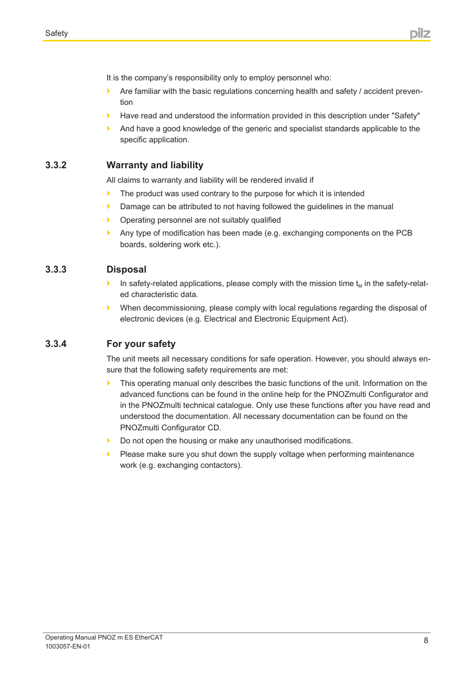 2 warranty and liability, 3 disposal, 4 for your safety | Warranty and liability, Disposal, For your safety | Pilz PNOZ m ES EtherCAT User Manual | Page 8 / 20