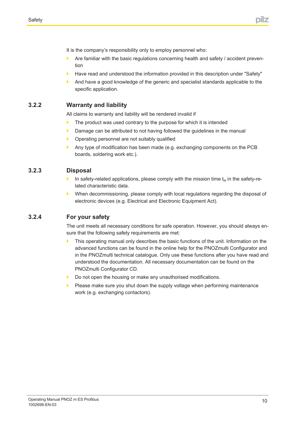 2 warranty and liability, 3 disposal, 4 for your safety | Warranty and liability, Disposal, For your safety | Pilz PNOZ m ES Profibus User Manual | Page 10 / 23