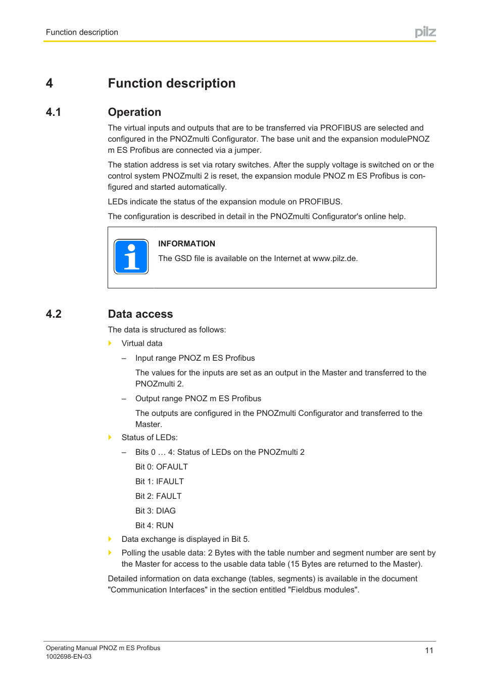 4 function description, 1 operation, 2 data access | Section 4, Function description, Operation, Data access, 4function description | Pilz PNOZ m ES Profibus User Manual | Page 11 / 23