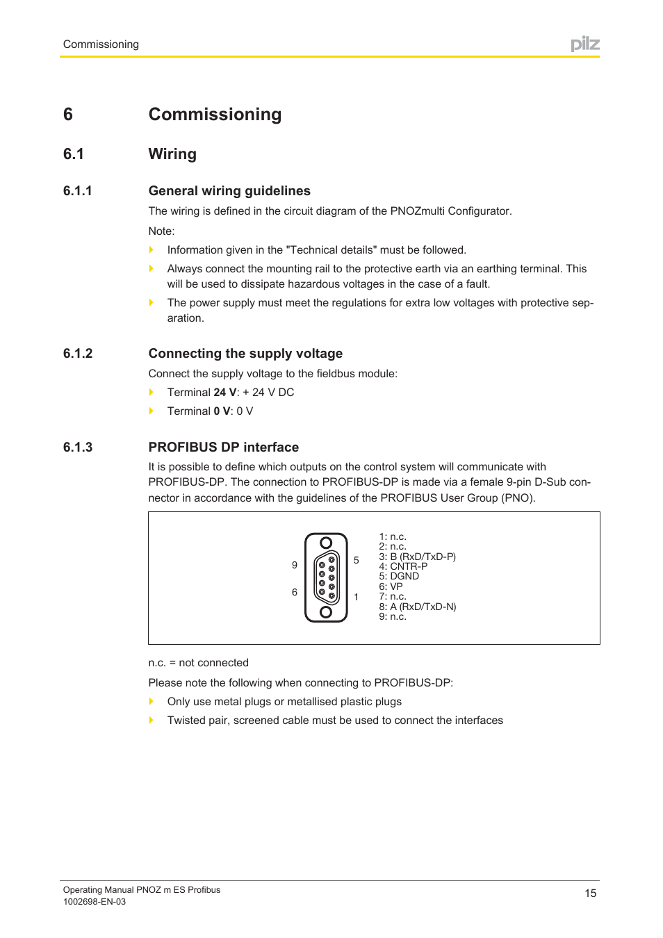 6 commissioning, 1 wiring, 1 general wiring guidelines | 2 connecting the supply voltage, 3 profibus dp interface, Section 6, Commissioning, Wiring, General wiring guidelines, Connecting the supply voltage | Pilz PNOZ m ES Profibus User Manual | Page 15 / 23